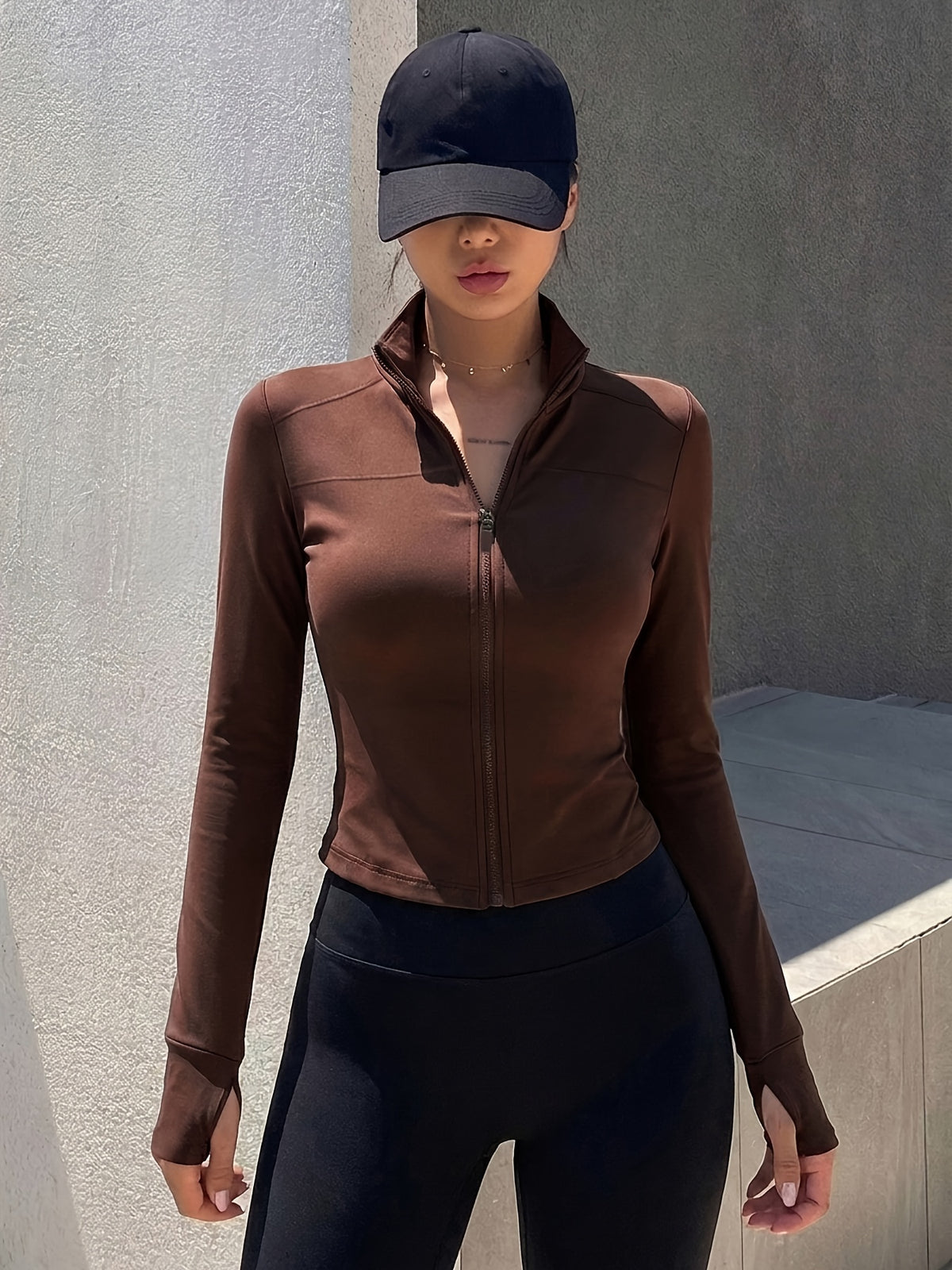 Lined Stand Collar Cropped Zip Jacket - Coffee