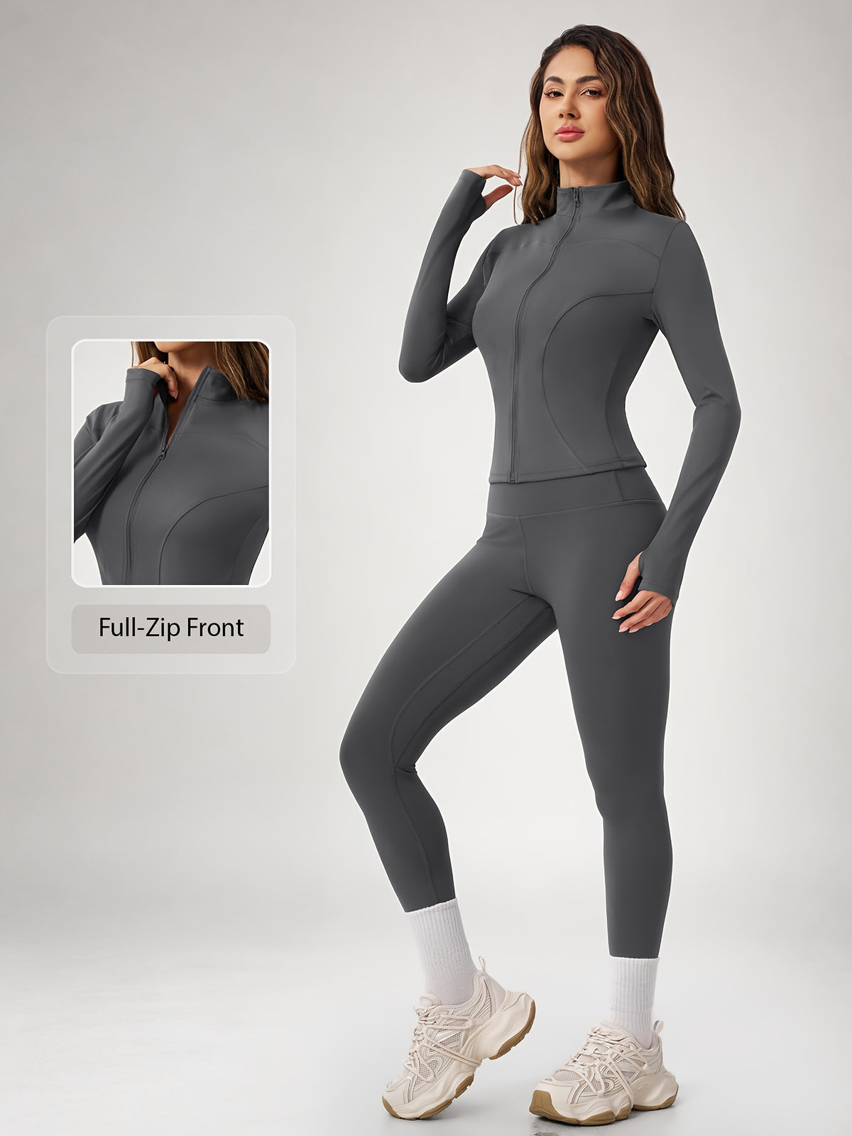 Thumbhole Cropped Zip Jacket & Leggings Set - Grey