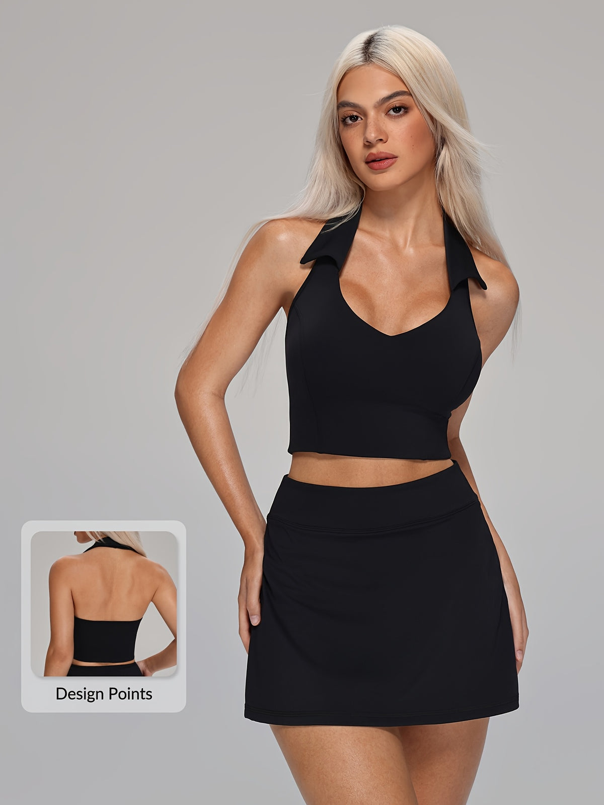 Halter Open Back Top & Skirt Set - Black