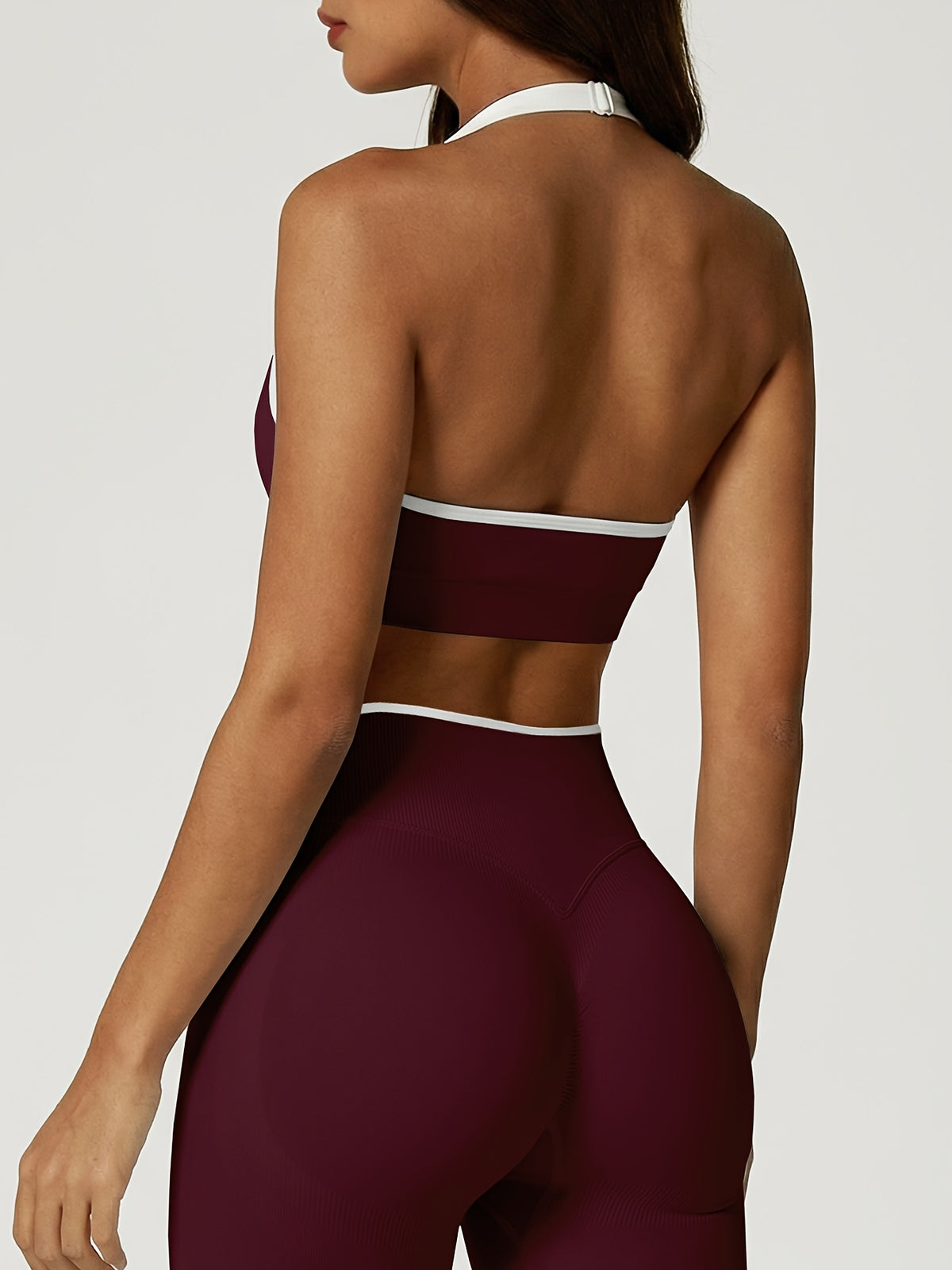 Contrast Trim Halter Bra & Shorts Set - Plum