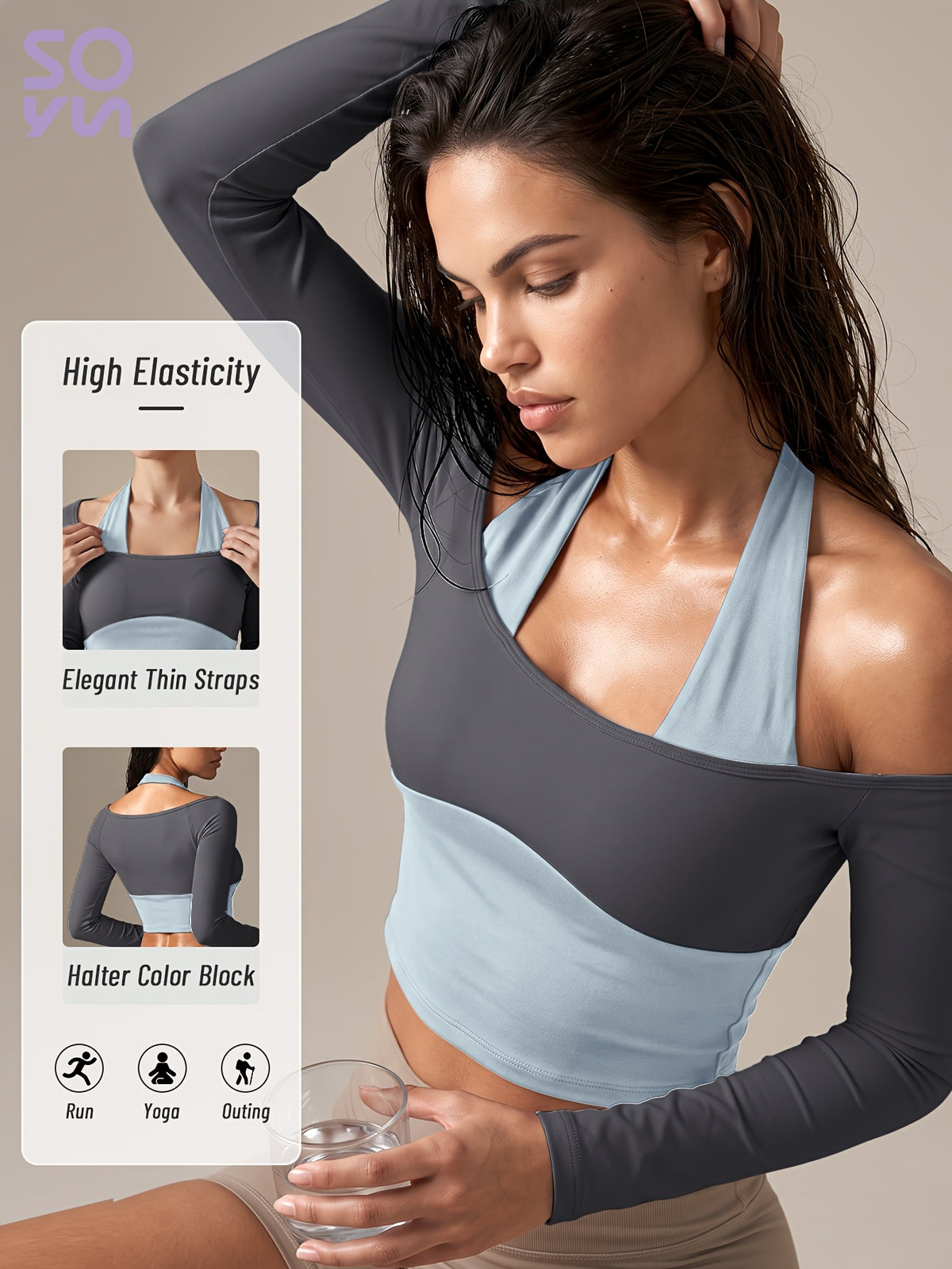 Faux Two-Piece Halter Color Block Top - Grey