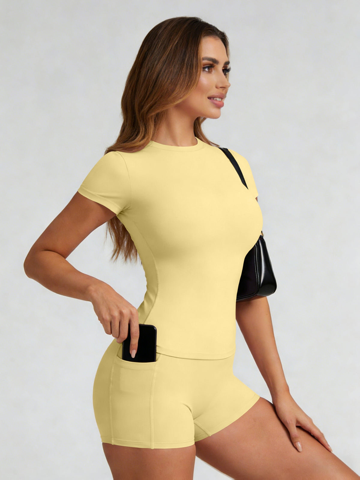 Tummy Control Top & Pocket Shorts Set - Yellow