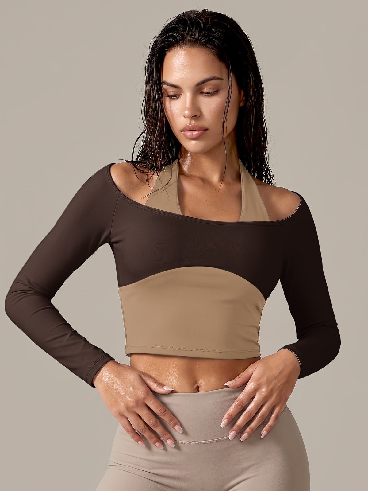 Faux Two-Piece Halter Color Block Top - Coffee