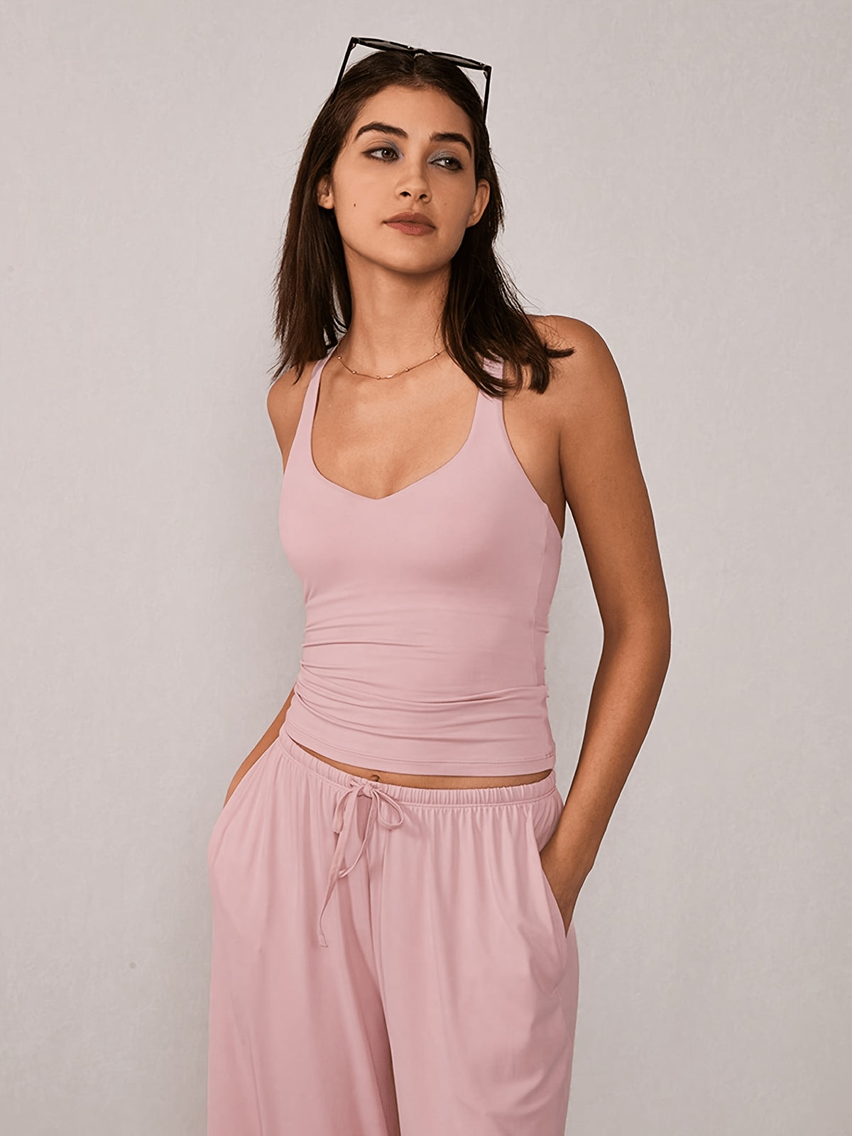 Racerback Tank & Wide Leg Pants Set - Light Pink