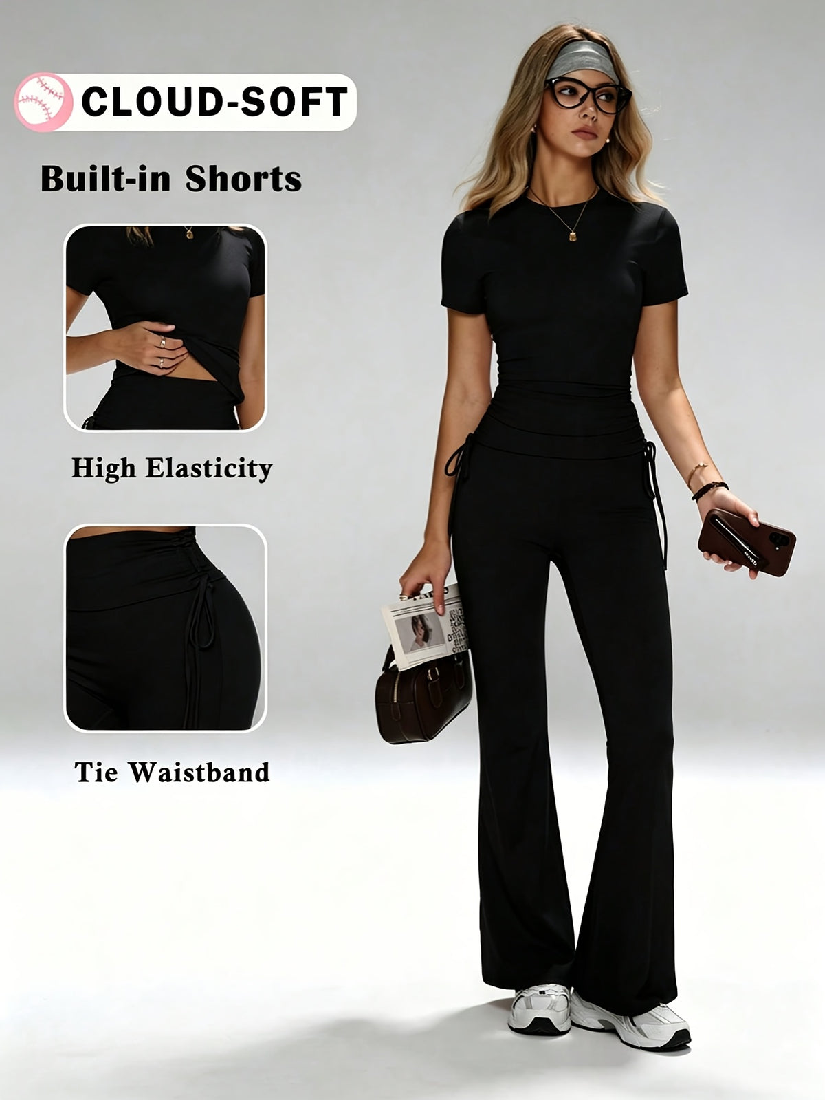 Round Neck Top & Drawstring Flare Pants Set - Black