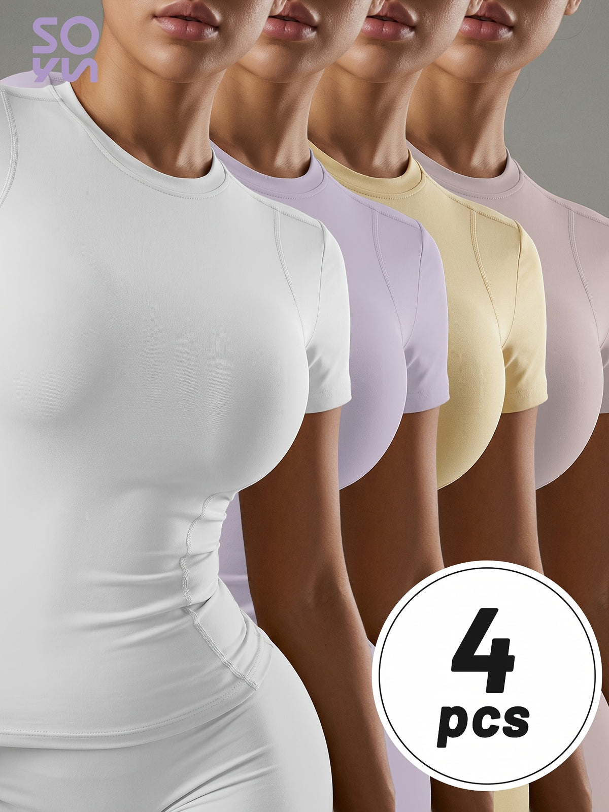 4 Pack Round Neck Slim Fit Tees - White, Light Purple, Yellow & Pink