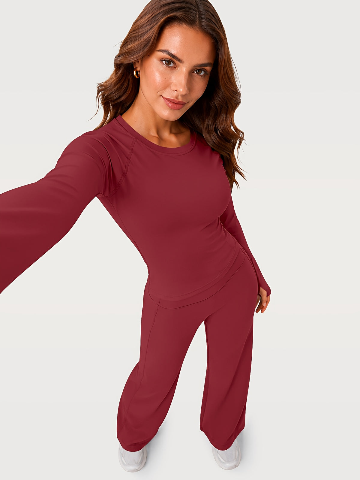 Thumbhole Top & Wide Leg Yoga Pants Set - Burgundy