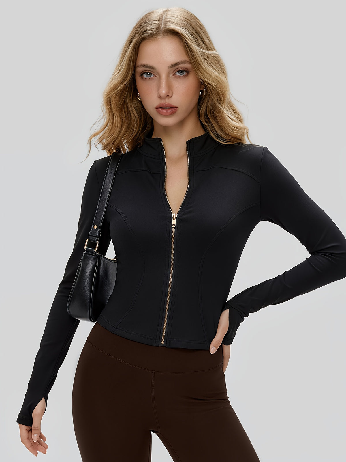 Cropped Thumbhole Zip Jacket - Black