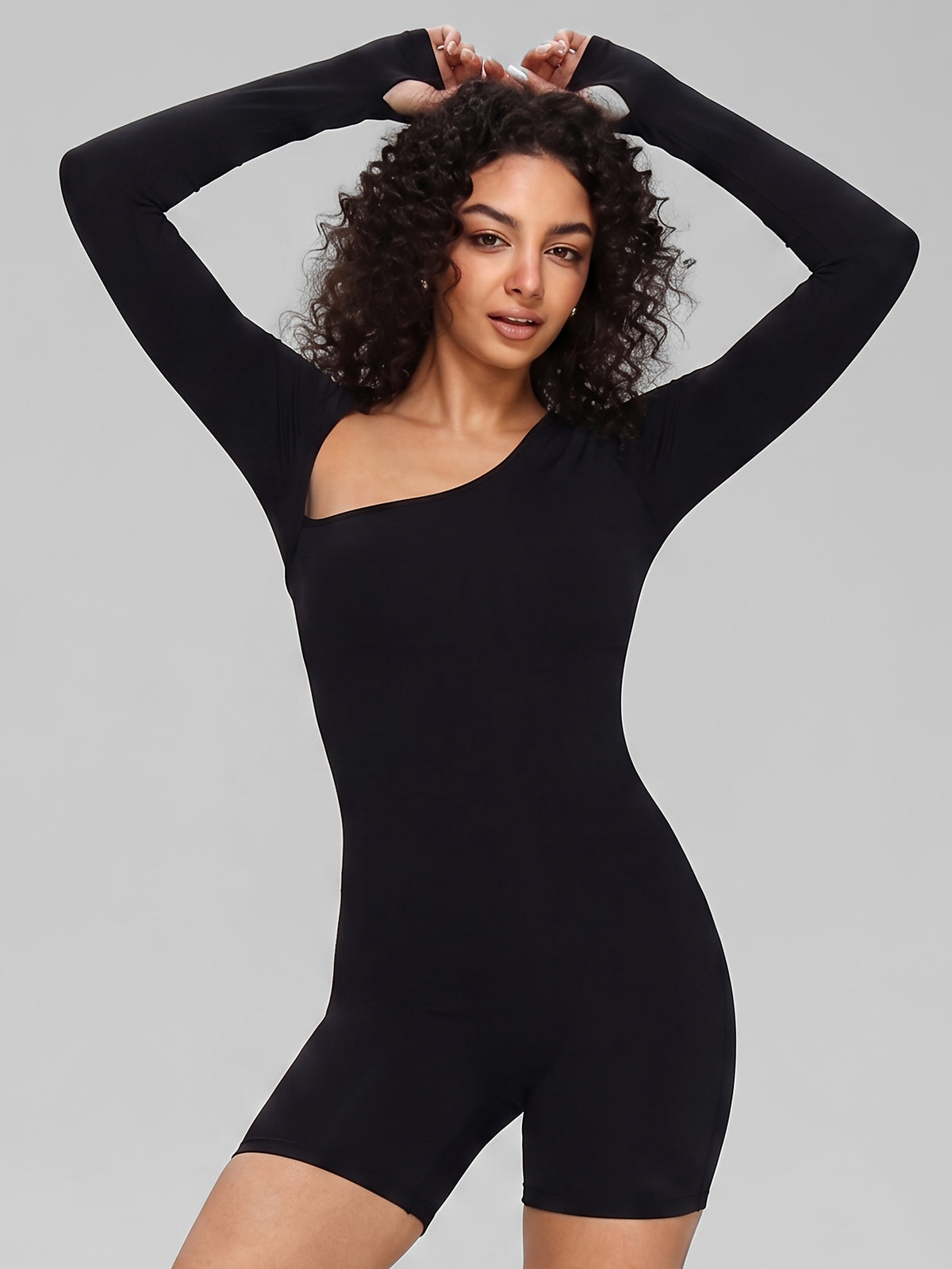 One Shoulder Long Sleeve Jumpsuit - Black