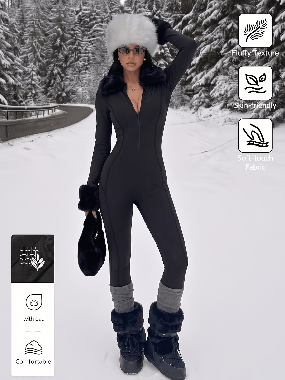 Fleece Lined Stand Collar Zip Jumpsuit - Black