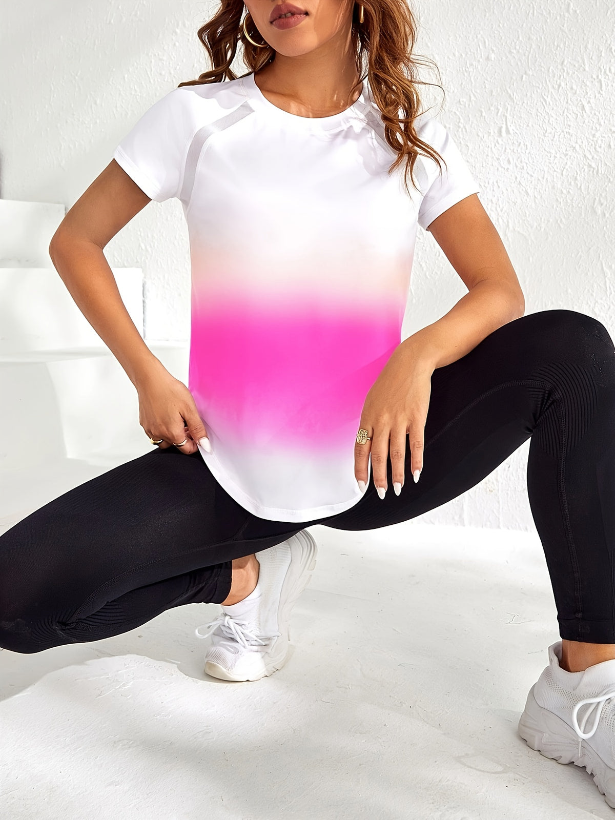 Tie-Dye Mesh Patchwork Sports Tee - Hot Pink Ombre