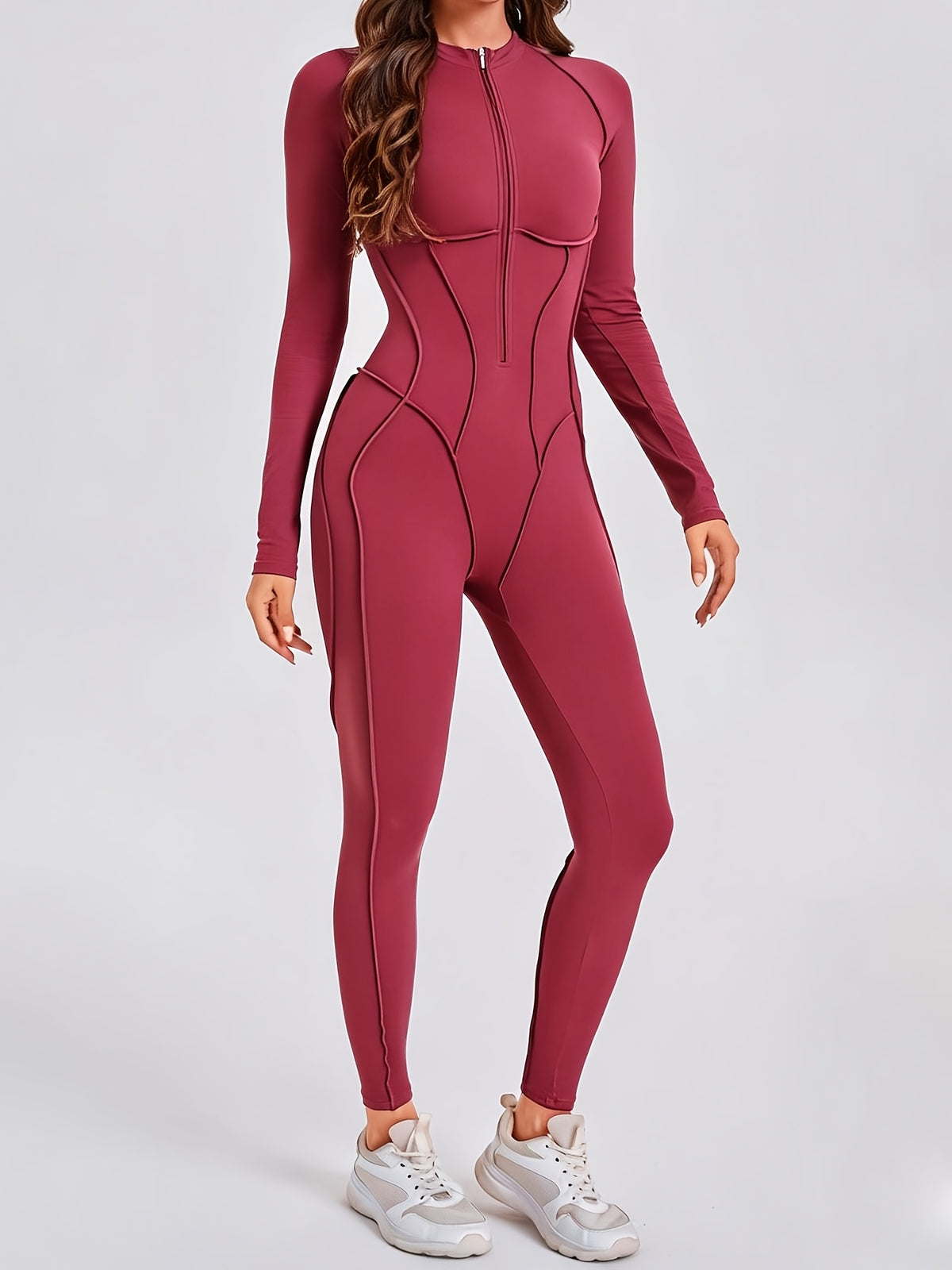 Half Zip Long Sleeve Jumpsuit - Red Bean