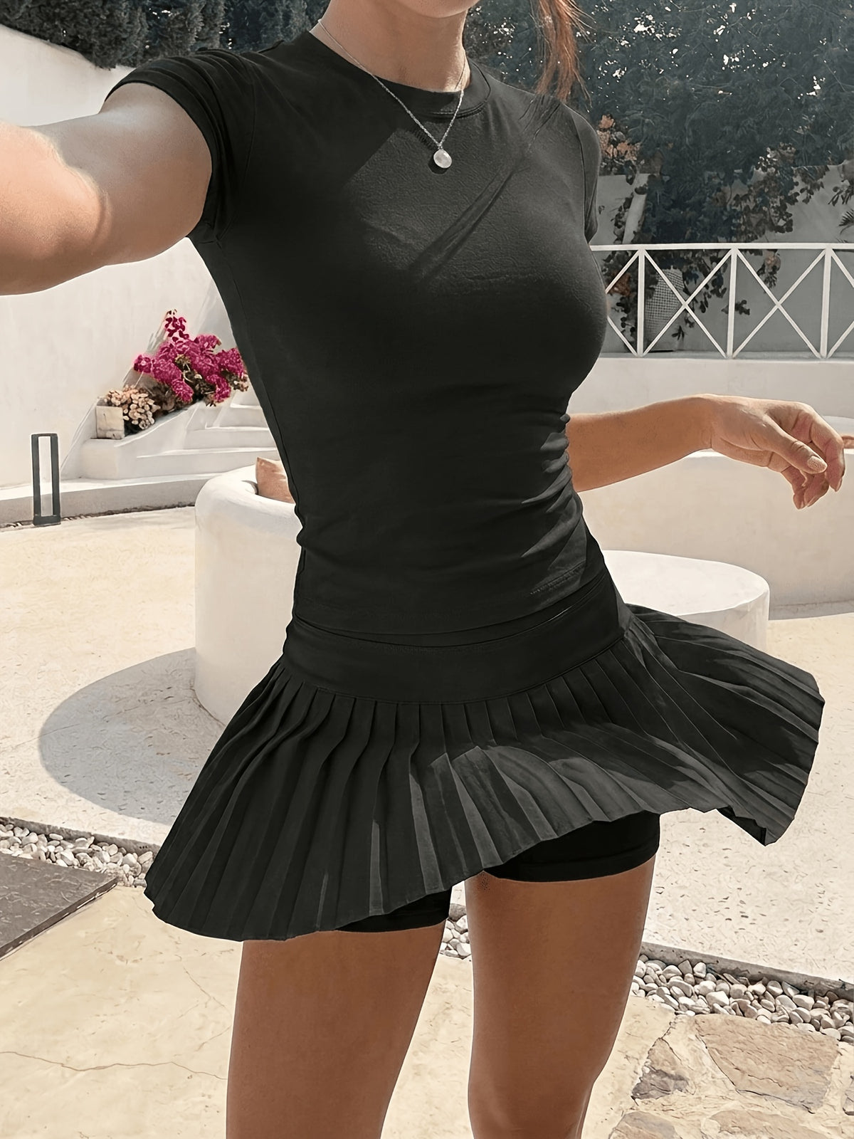 Tee & Pleated Tennis Skirt Set - Black