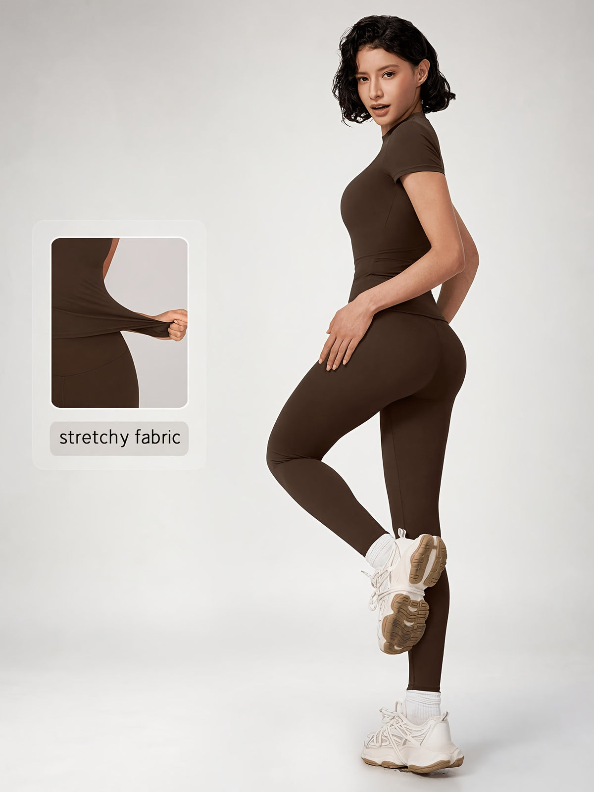 Crew Neck Crop Tee & Leggings Set - Espresso