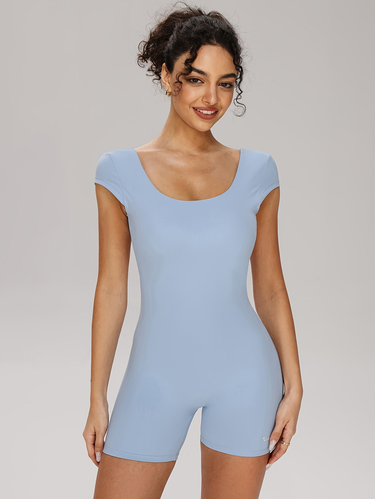 Short Sleeve Cross Strap Jumpsuit - Bright Steel Blue