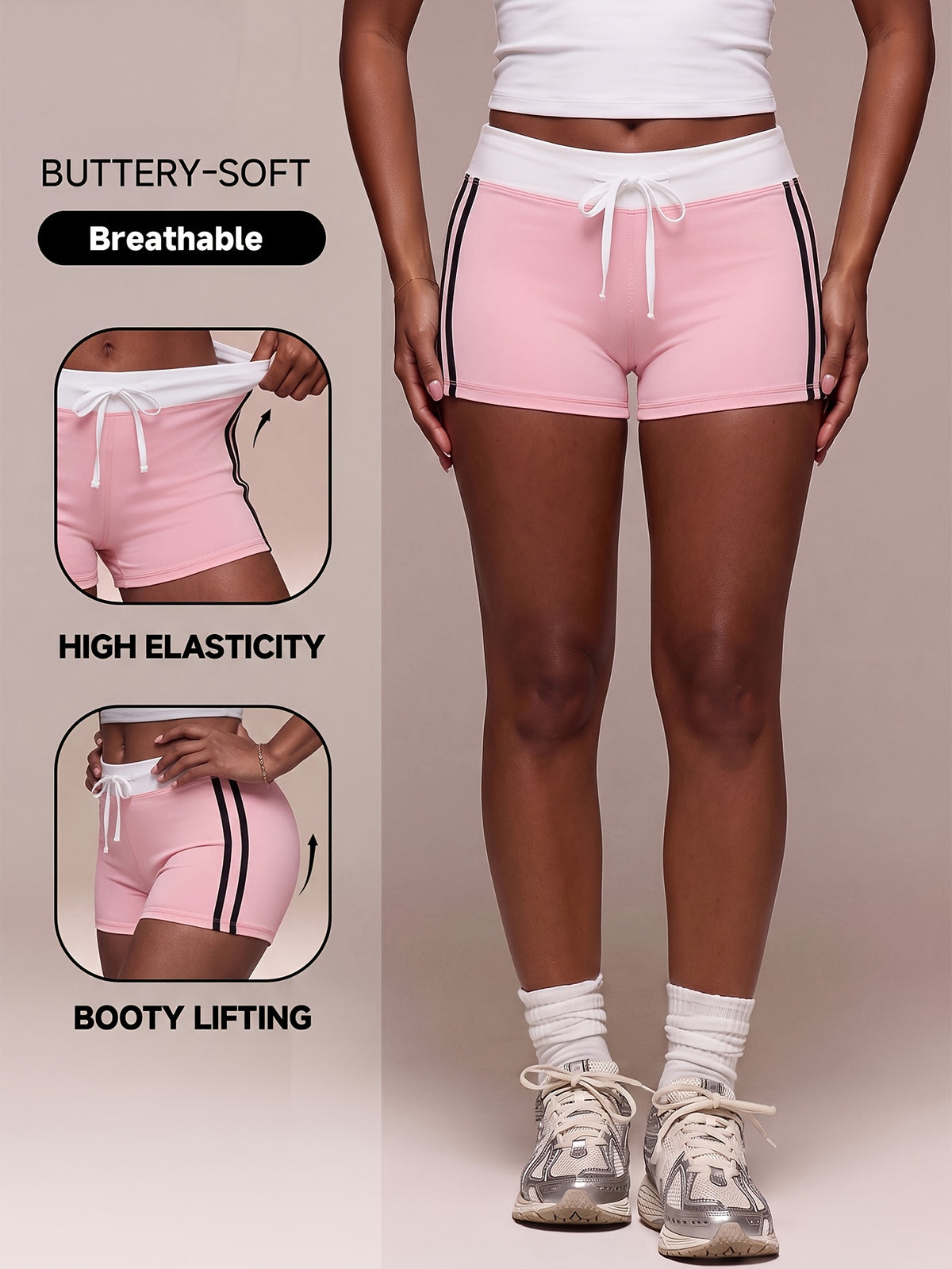 Side Stripe Drawstring Shorts - Pink