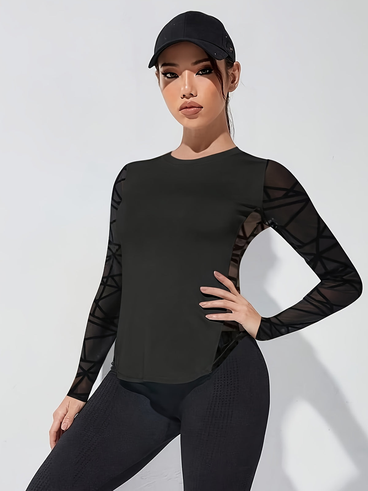 Flocked Mesh Patchwork Long Sleeve Tee - Black