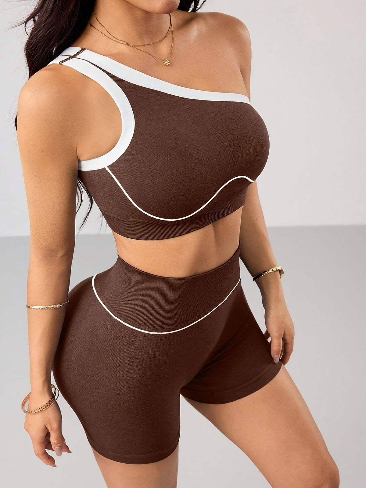 One Shoulder Bra & Shorts Set - Brown