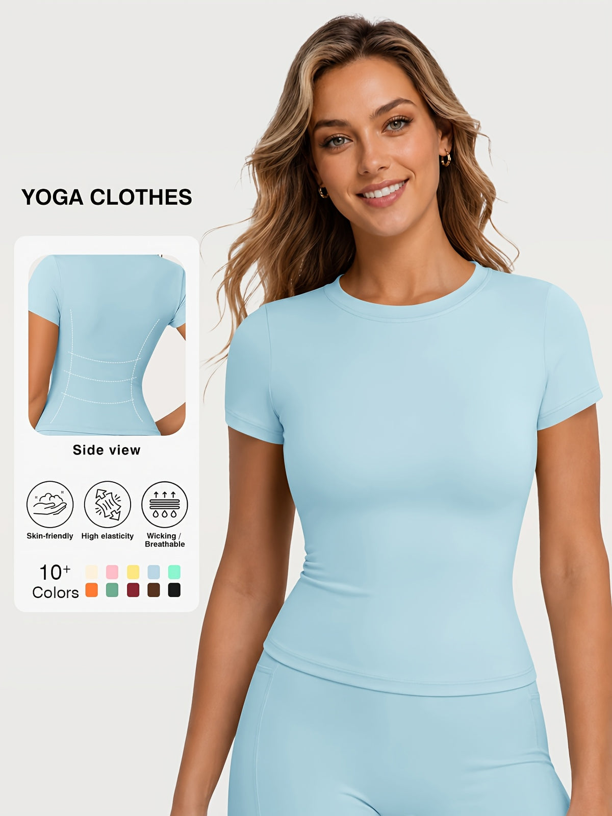 Quick Dry Crew Neck Yoga Tee - Light Blue