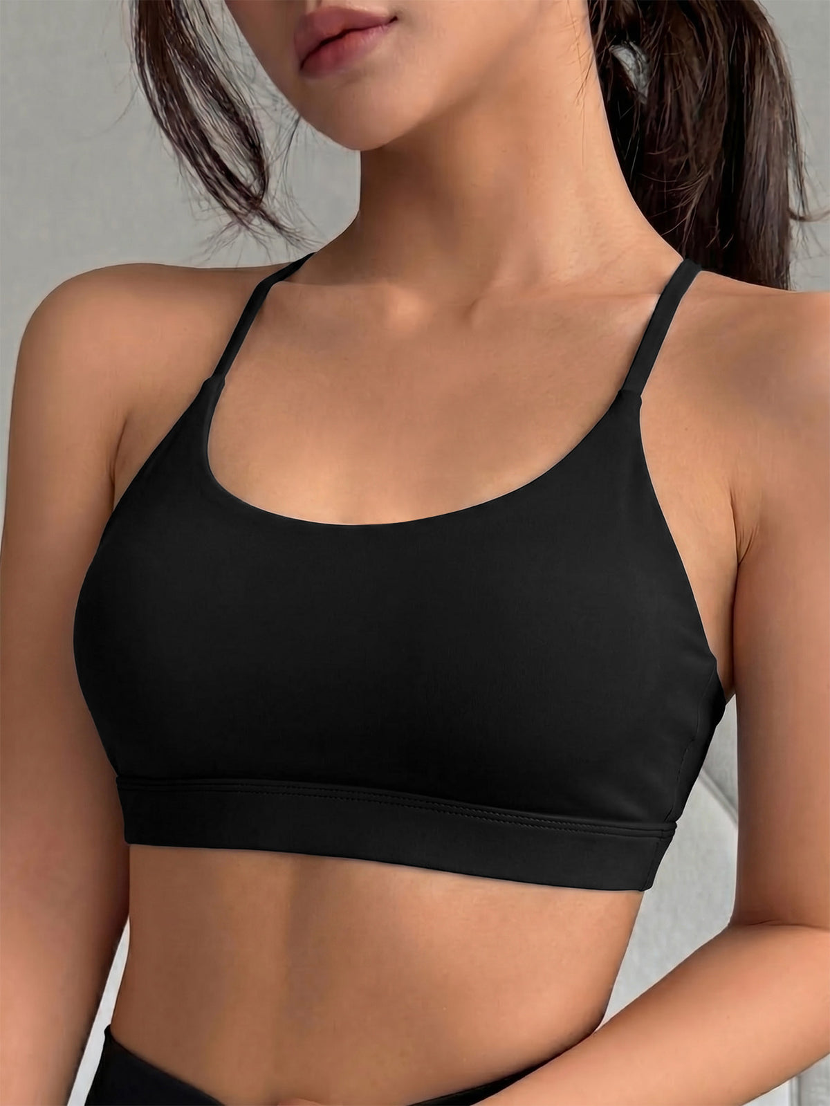 Backless Thin Strap Sports Bra - Black