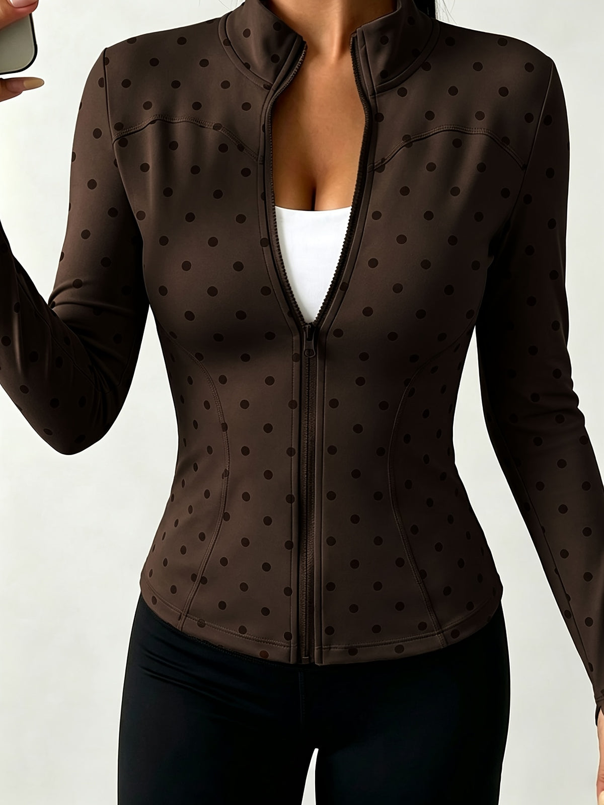 Polka Dot Cropped Thumbhole Jacket - Brown Polka Dot