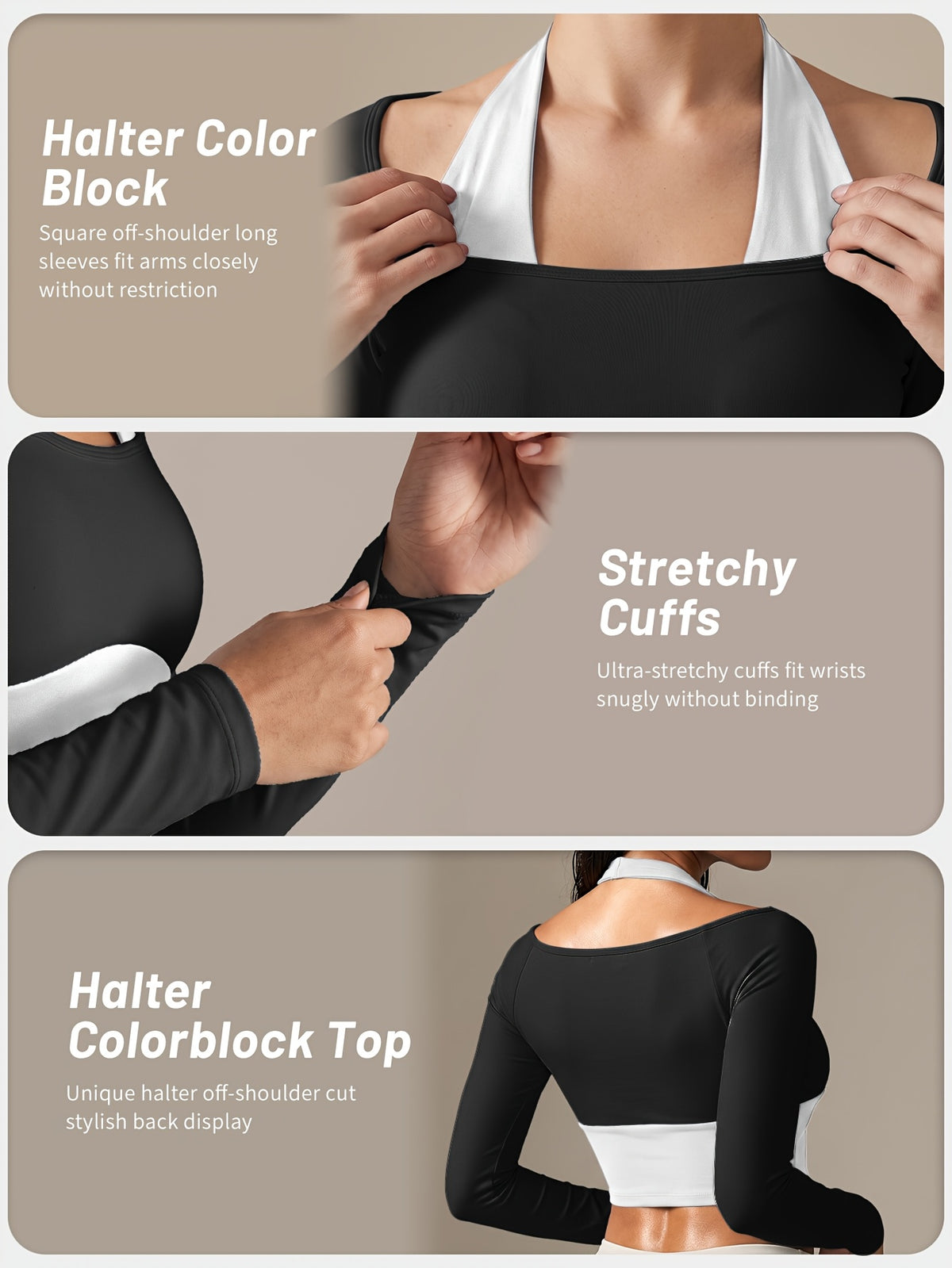 Faux Two-Piece Halter Color Block Top - Black