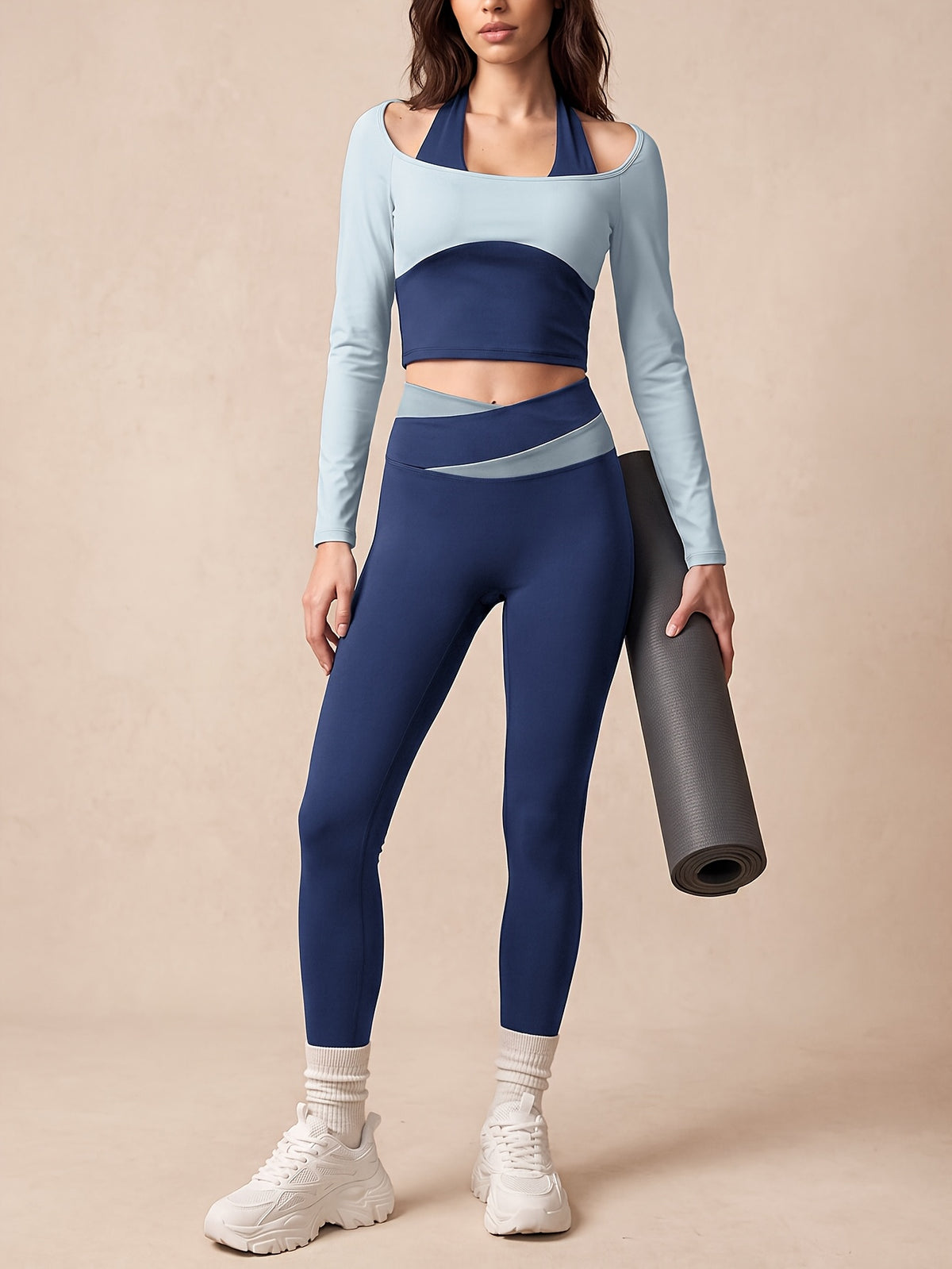 Halter Layered Top & Color Block Leggings Set - As Shown