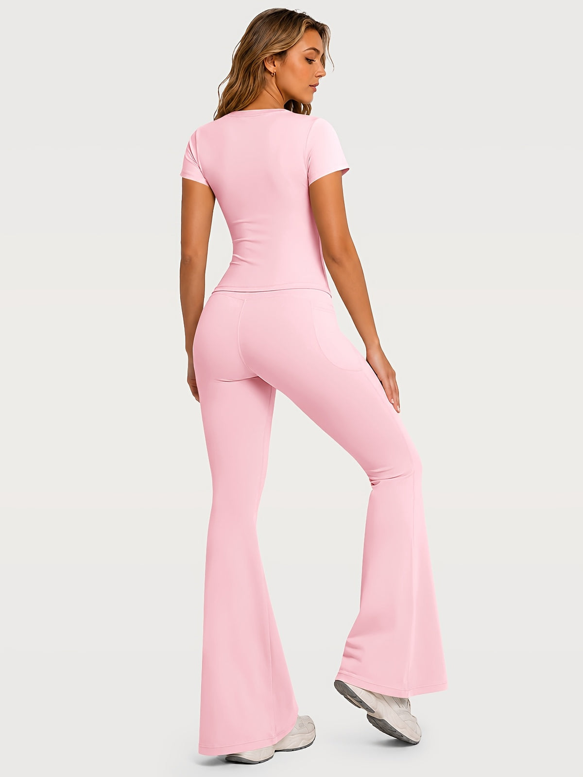 Fitted Tee & Flare Pants Set - Pink