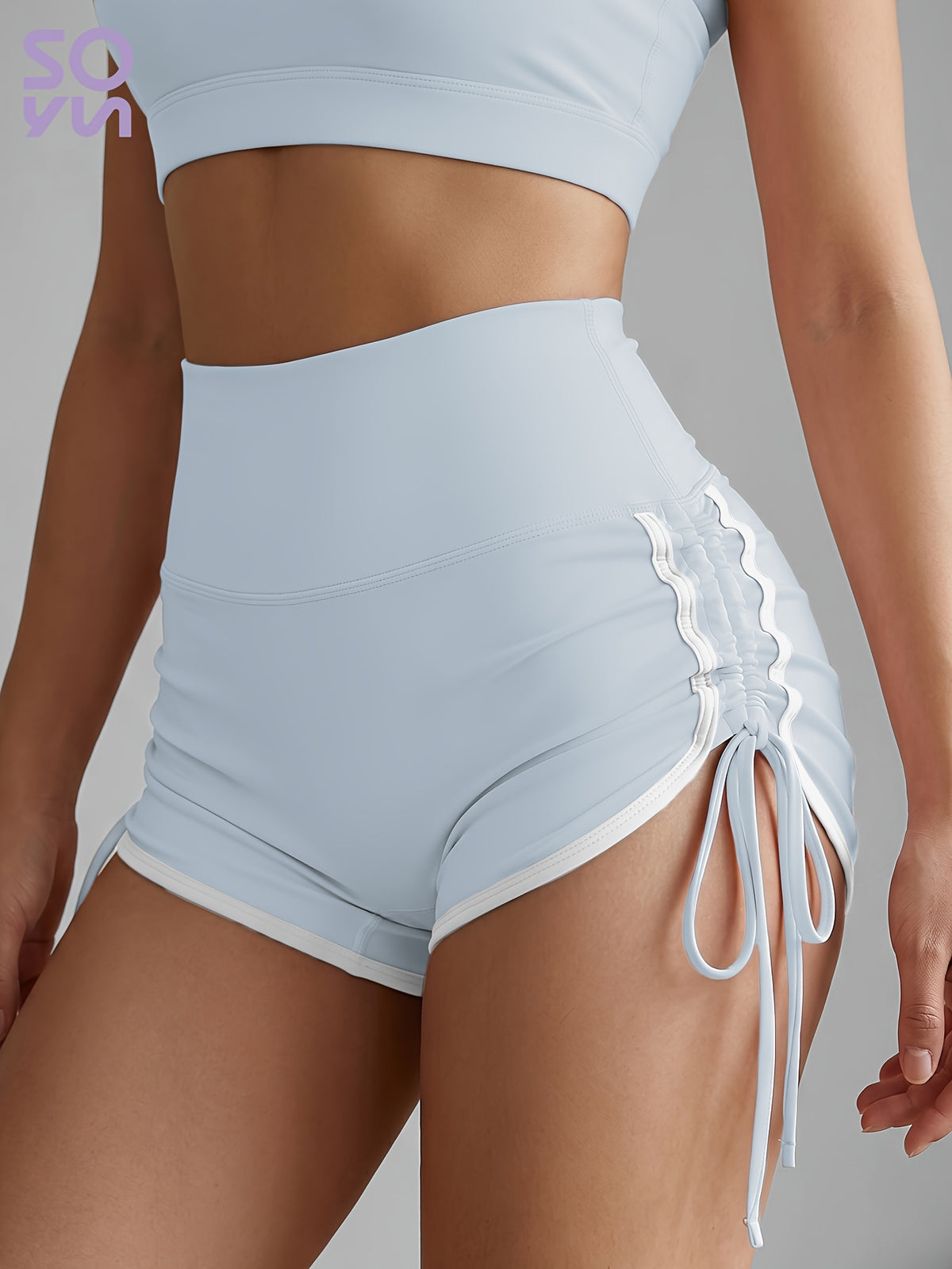 Contrast Tie Side High Waist Shorts - Sky Blue