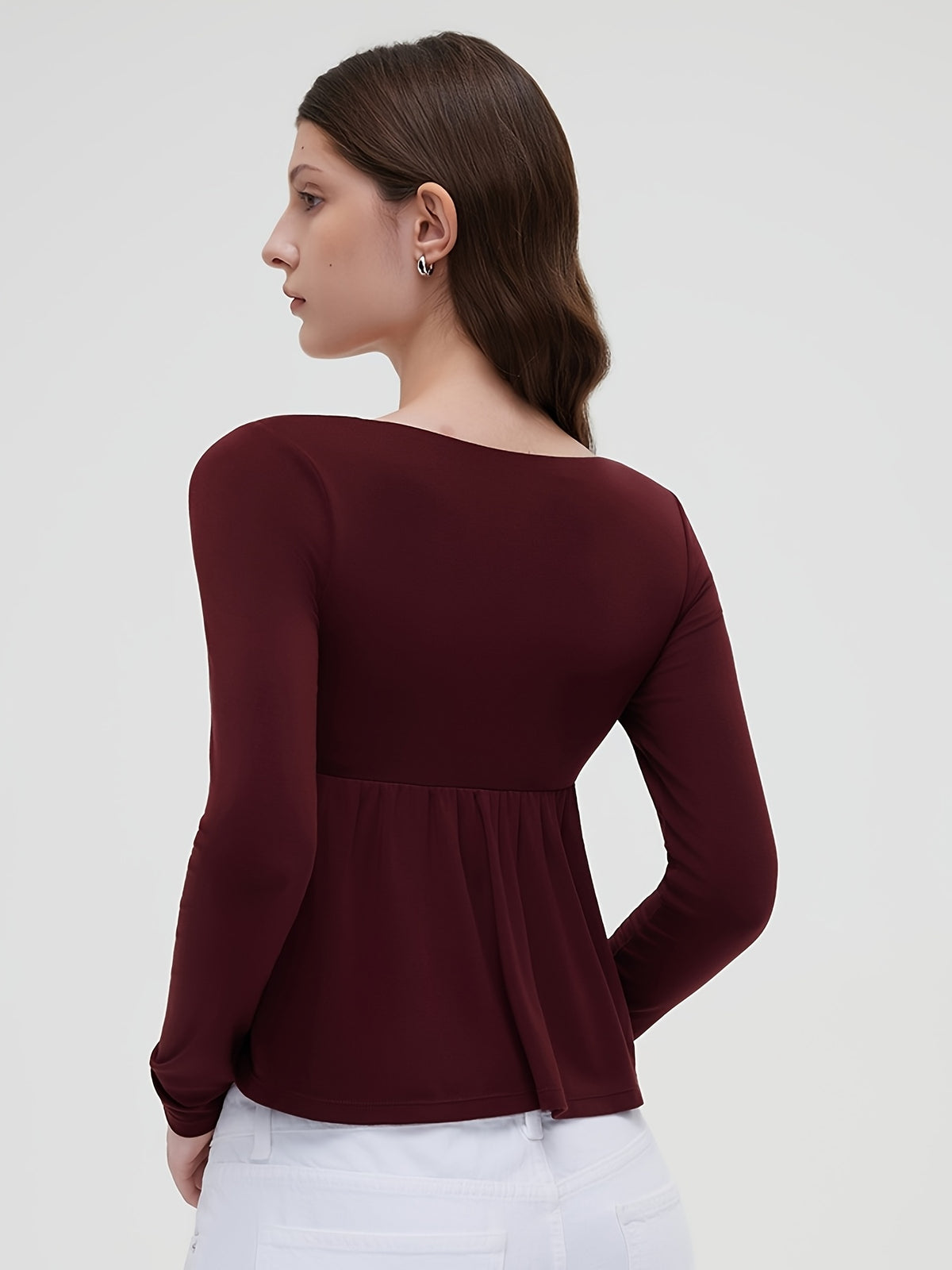 Ruffle Trim Doll Neck Long Sleeve Top - Burgundy