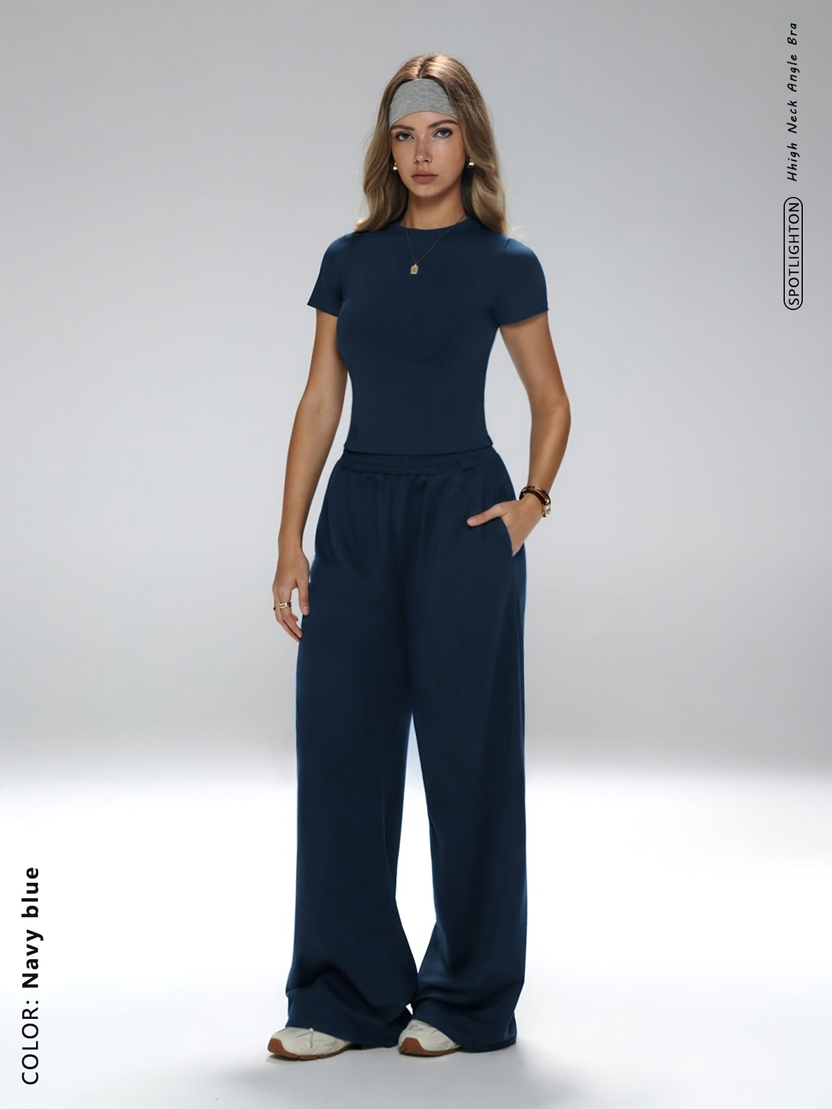 Fitted Tee & Wide Leg Pants Set - Navy
