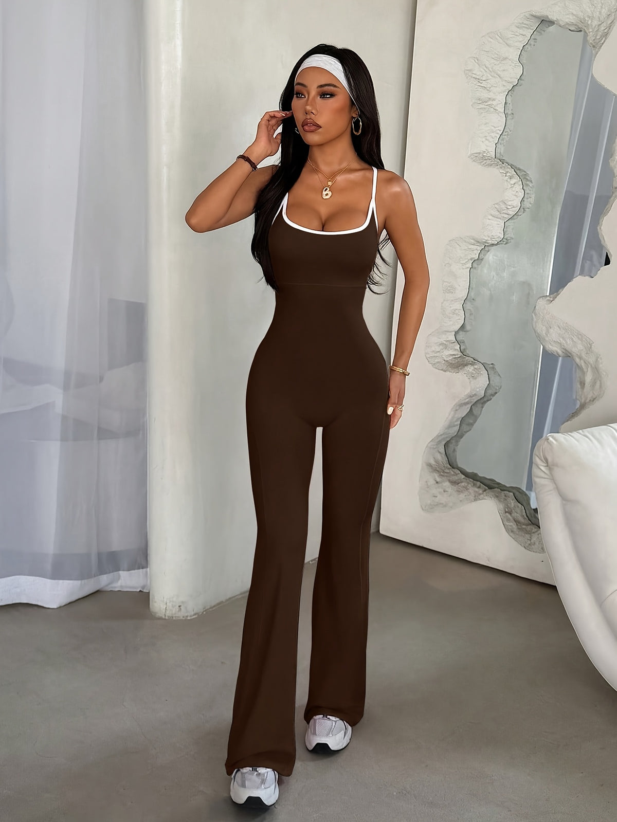 Cross Back Flare Jumpsuit - Coffee