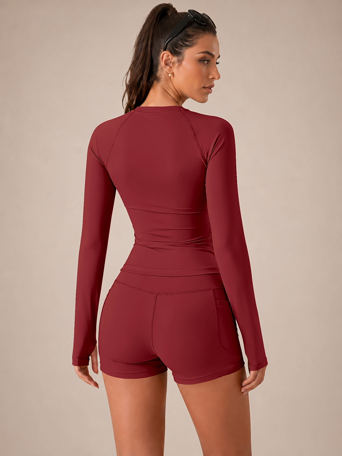 Raglan Thumbhole Top & Pocket Shorts Set - Burgundy