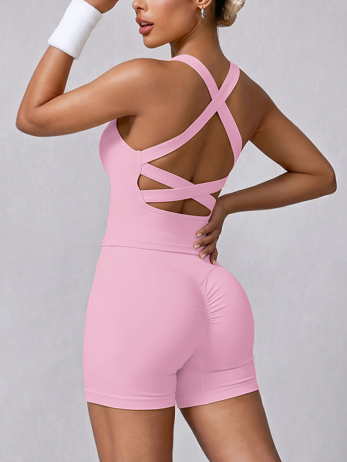 Crisscross Tank & Biker Shorts Set - Pink
