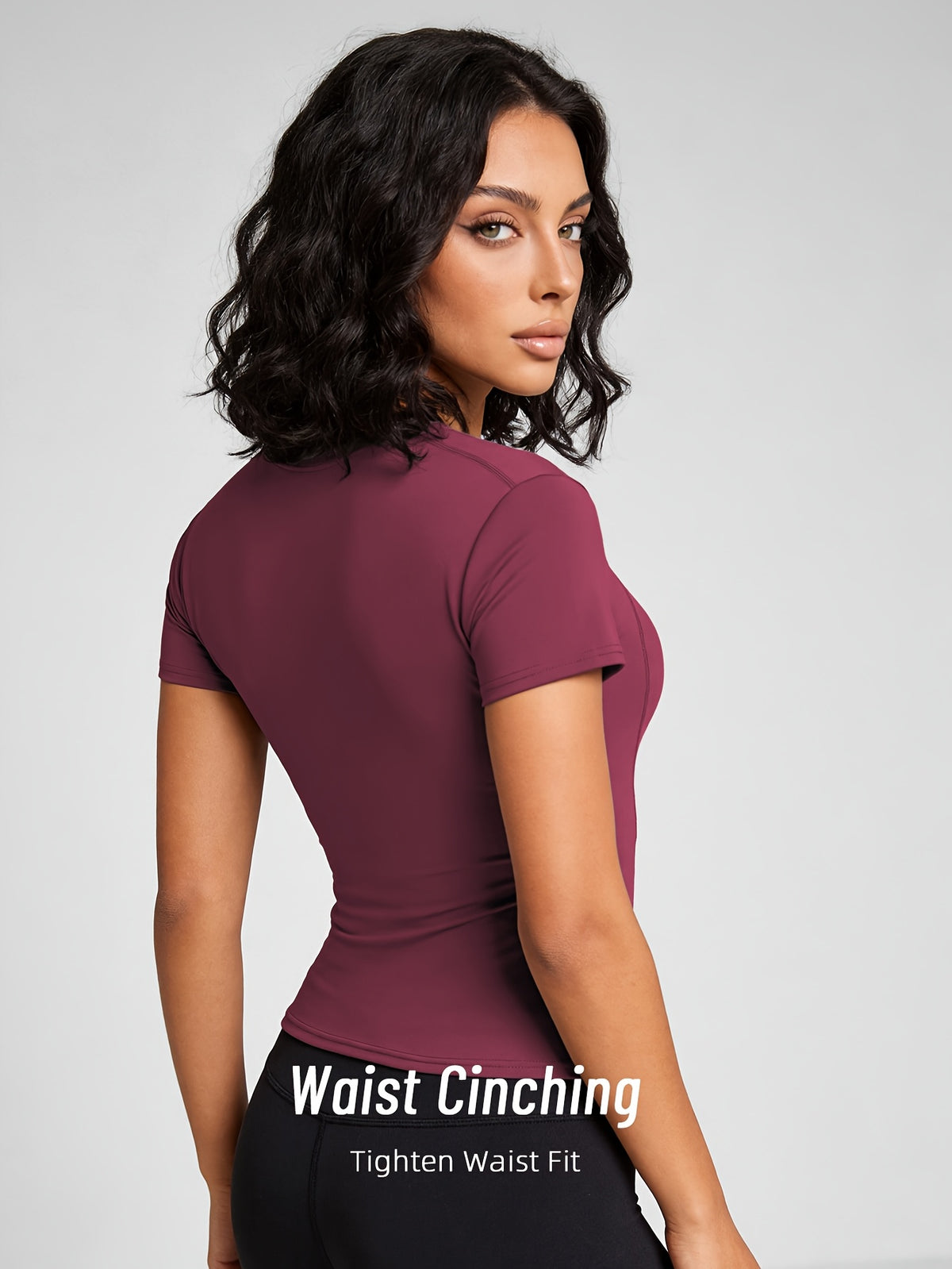 Quick-Dry Round Neck Yoga Tee - Burgundy