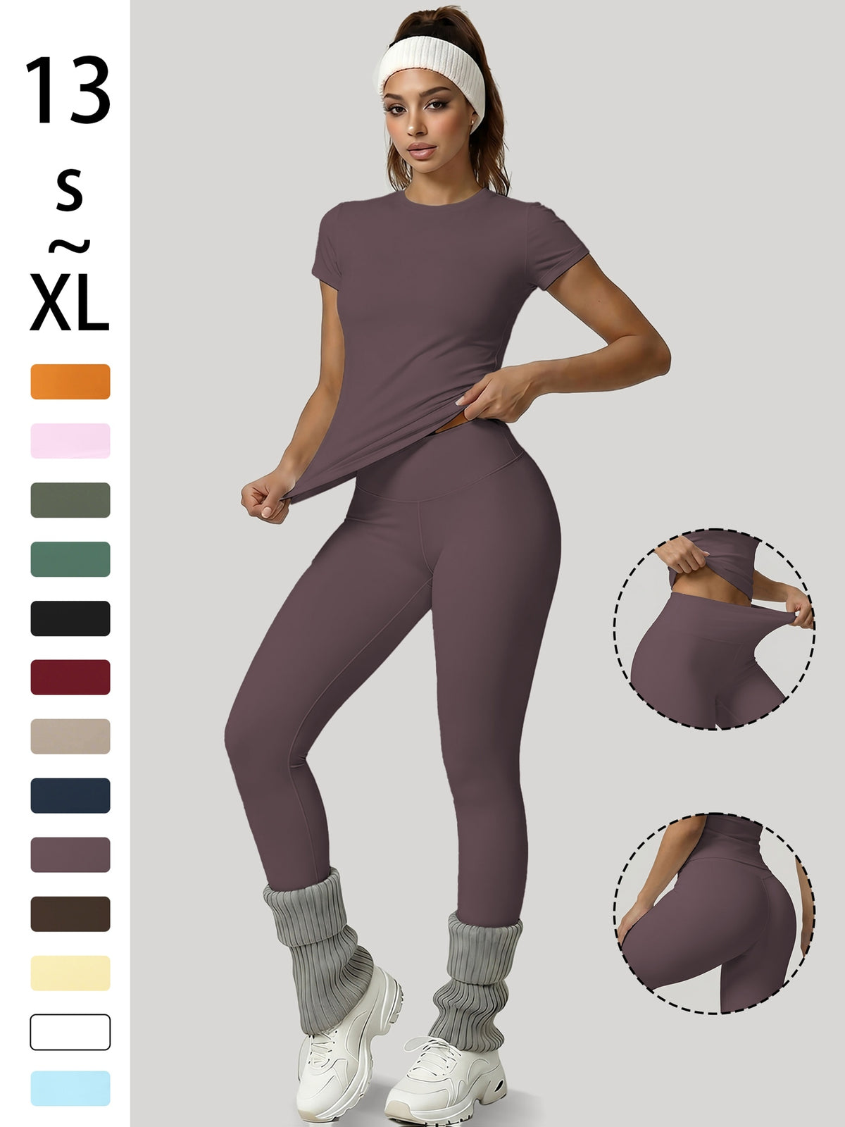 Round Neck Top & Tummy Tuck Leggings Set - Eggplant Purple