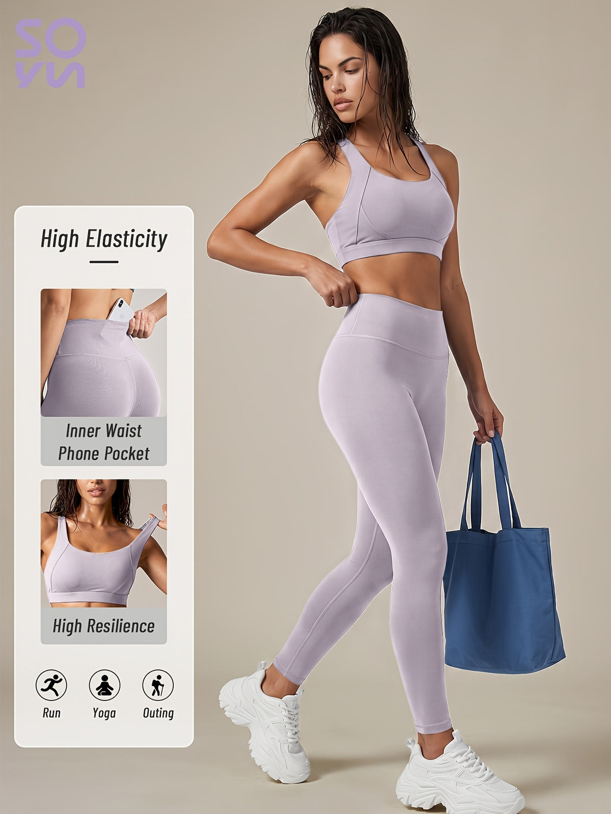 Criss Cross Bra & Pocket Leggings Set - Light Purple