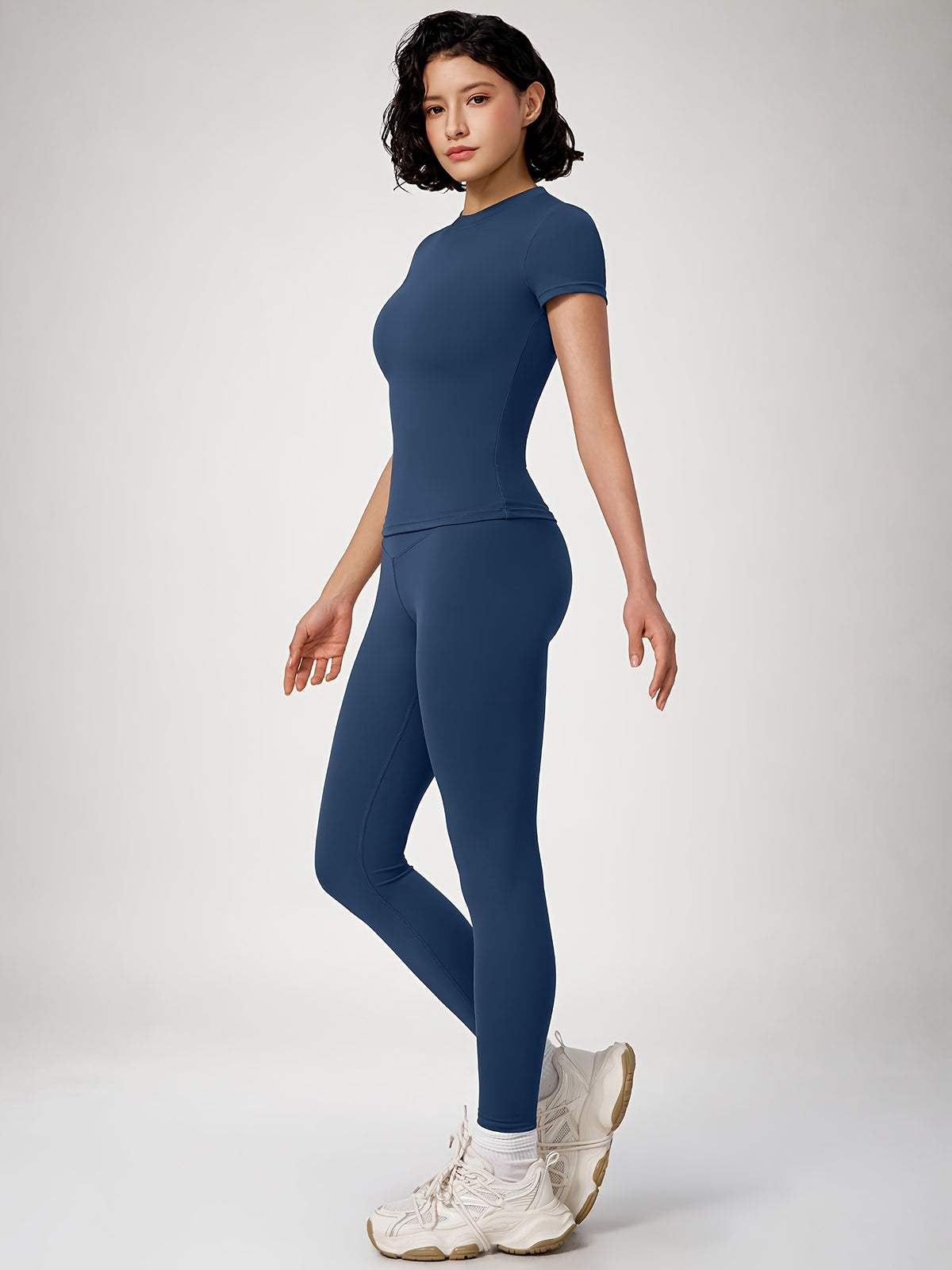 Crew Neck Crop Tee & Leggings Set - Navy