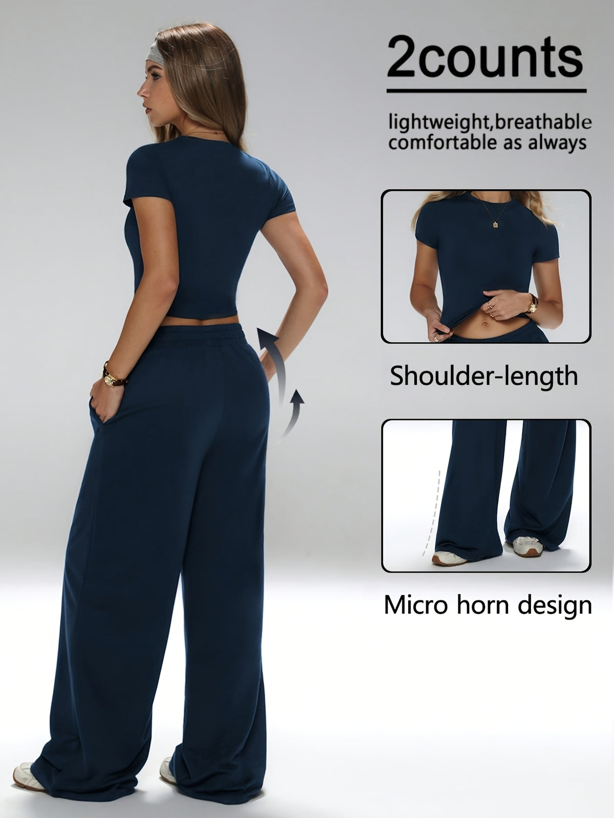 Fitted Tee & Wide Leg Pants Set - Navy