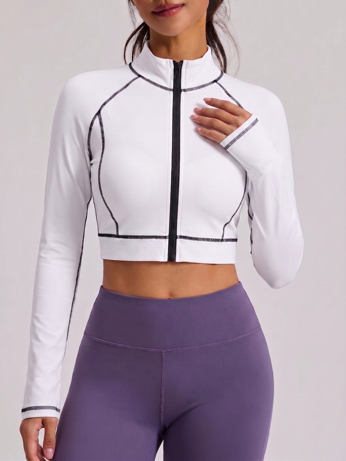 Contrast Stitch Cropped Zip Jacket - White