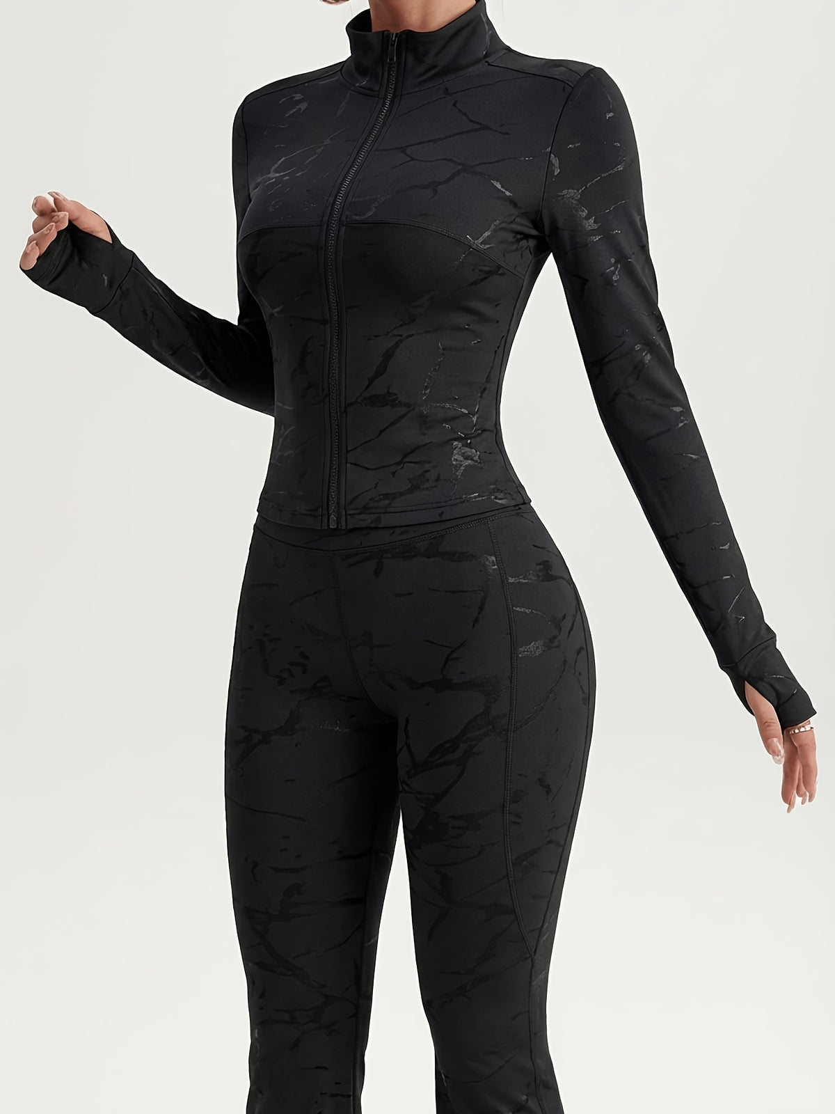 Metal Zip Stand Collar Jacket & Flare Set - Black