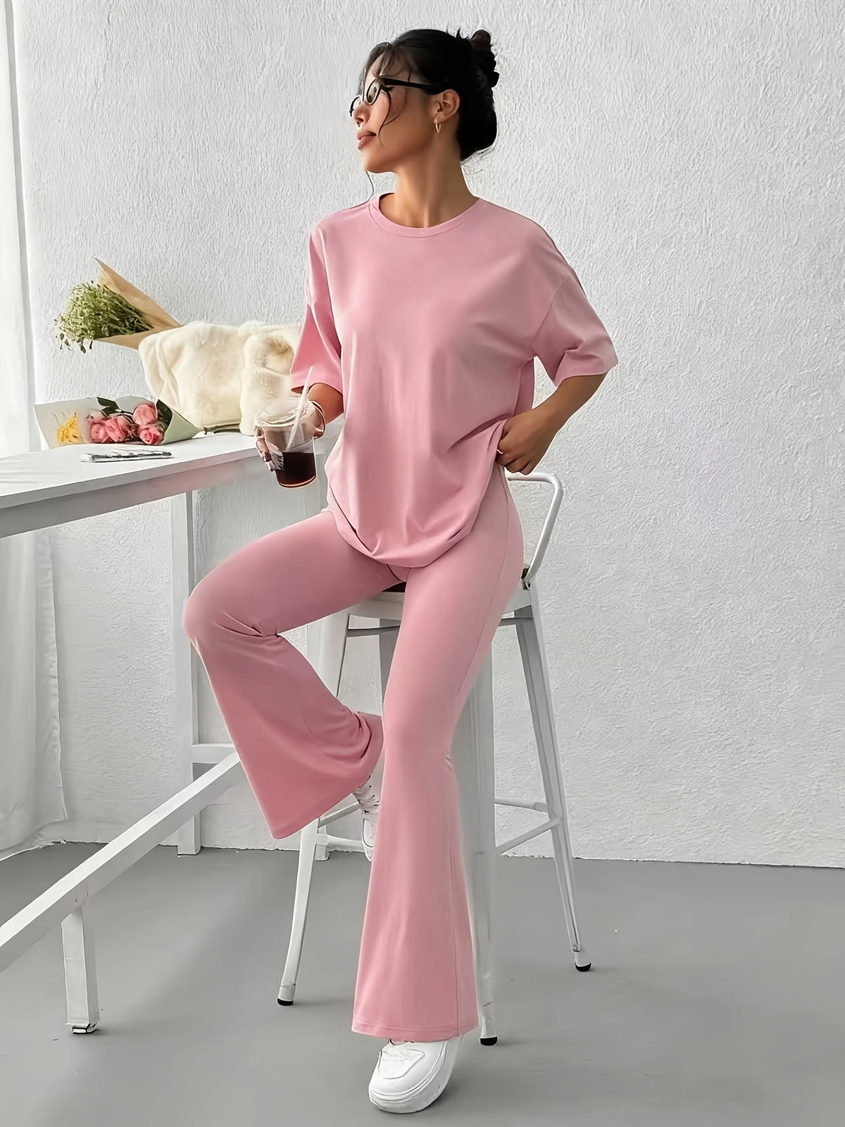 Drop Shoulder Loose Tee 2 Piece Set - Pink