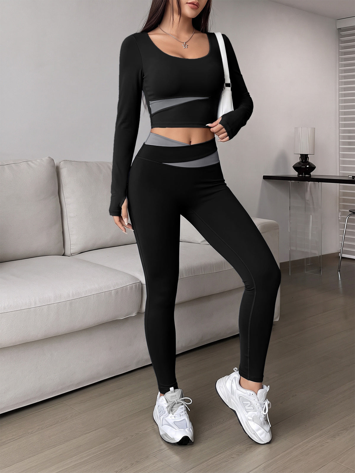 Spliced Finger Tab Crop Top & Pants Set - Black