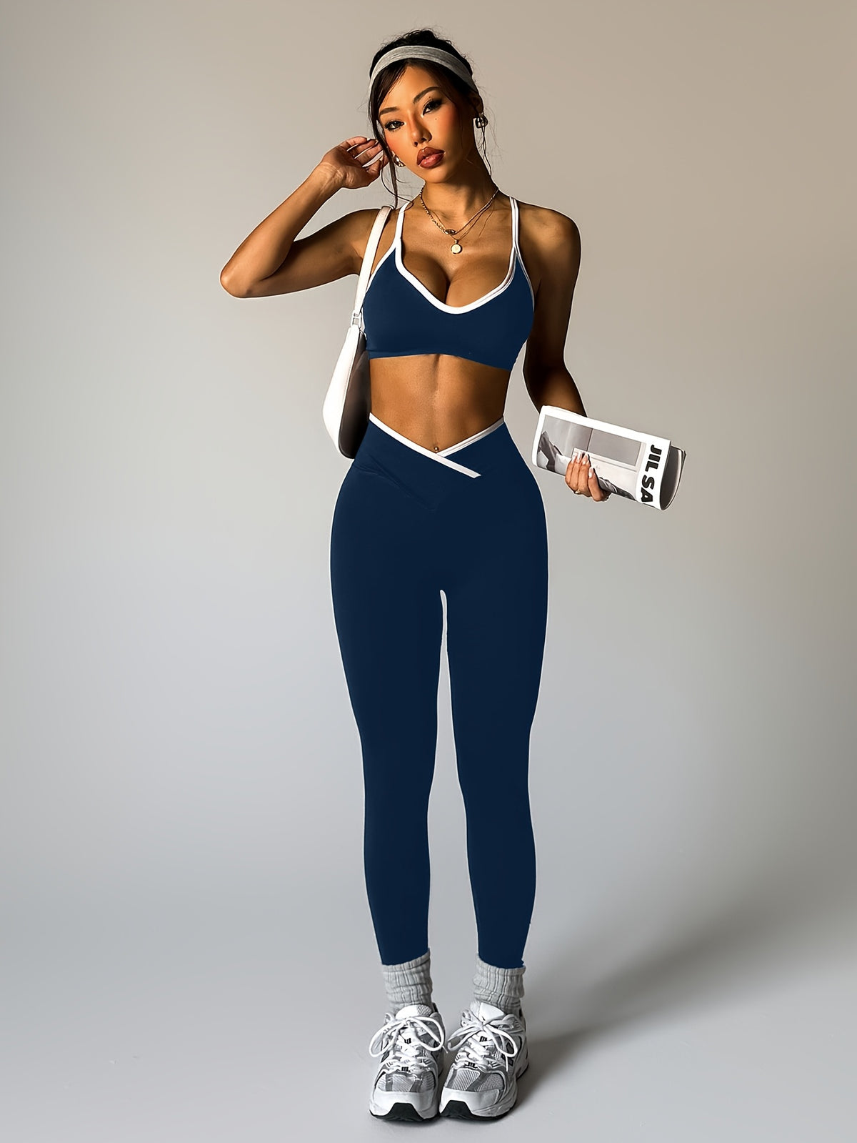 Cross Back Bra & Leggings Set - Purplish Blue