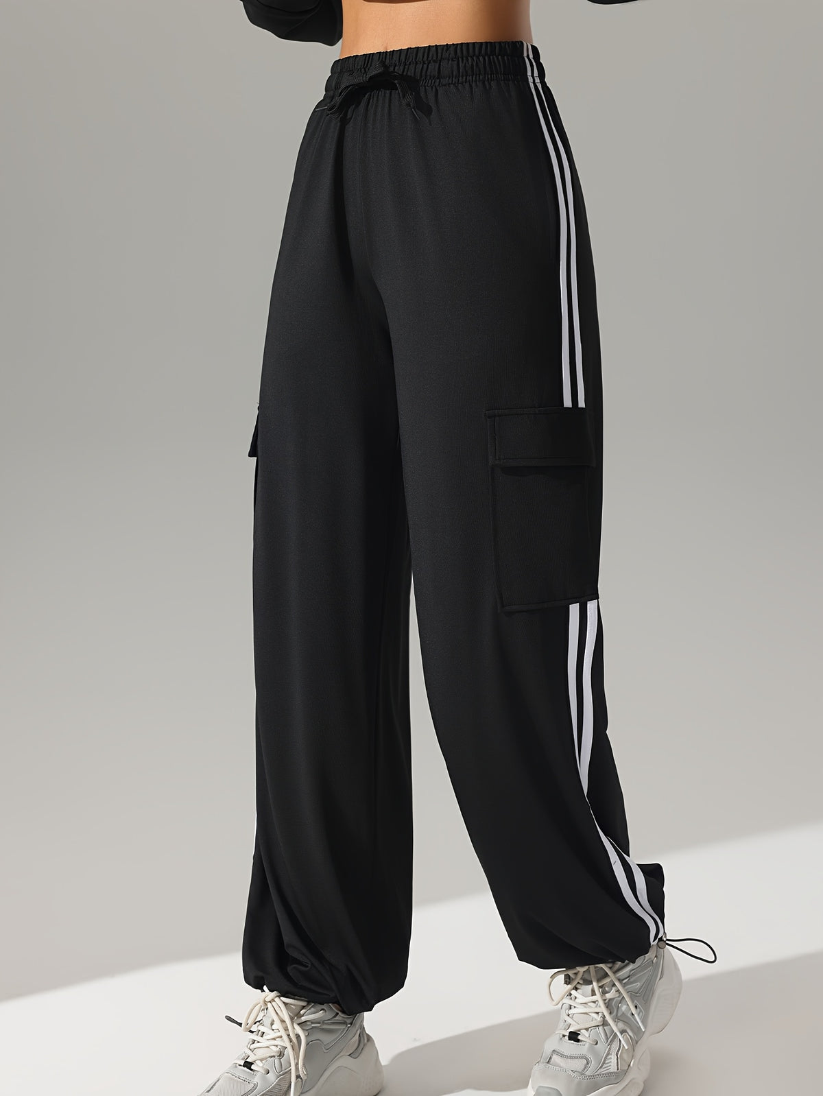 Side Stripe Drawstring Tapered Joggers - Black