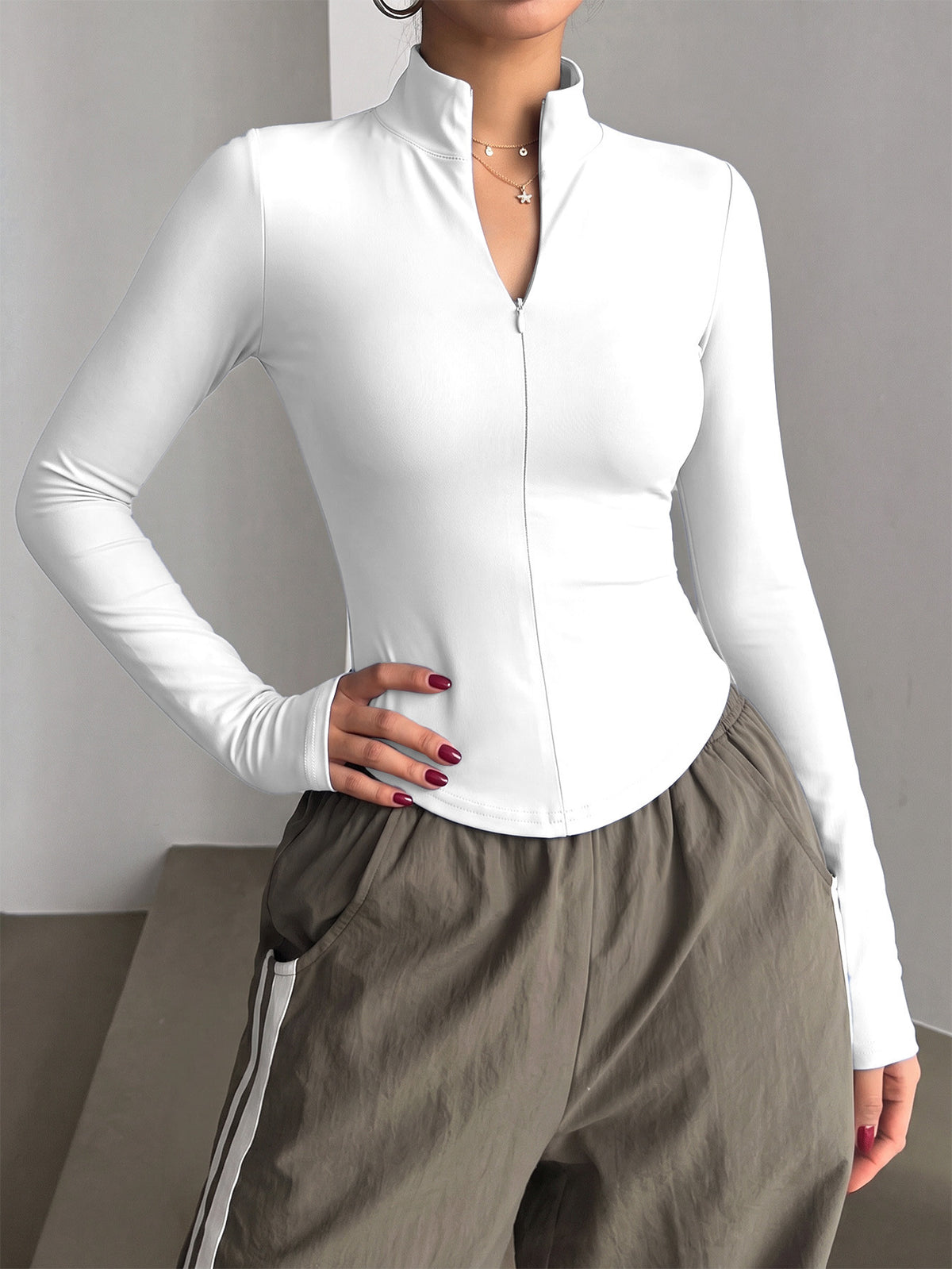 Half Zip Curved Hem Thumbhole Top - White
