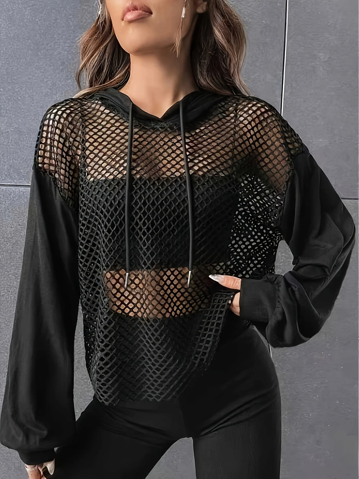Grid Mesh Panel Hooded Sports Top - Black