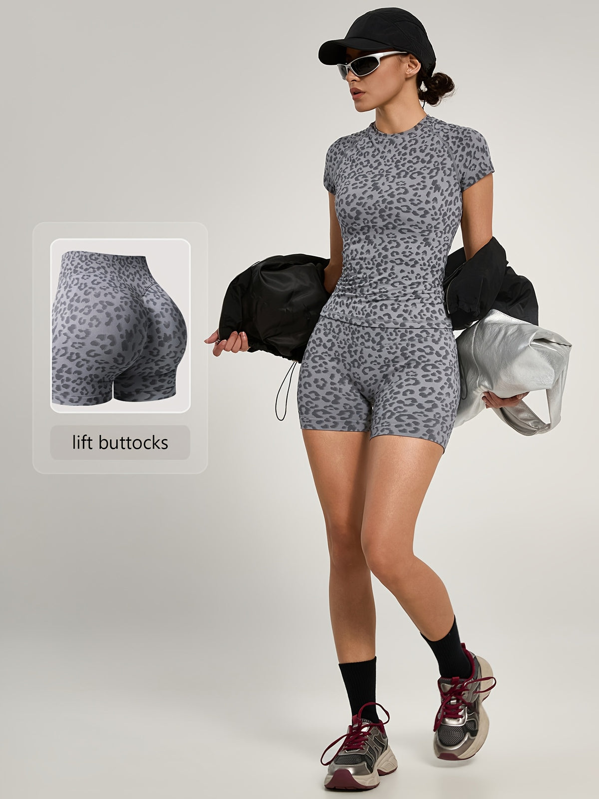 Leopard Tee & Biker Shorts Set - Grey