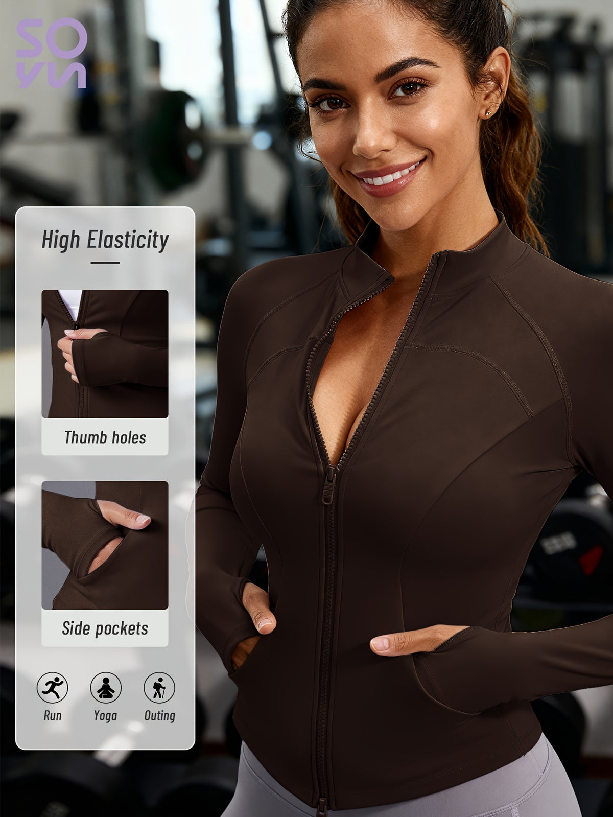 Pocket Solid Running Sports Jacket - Coffee