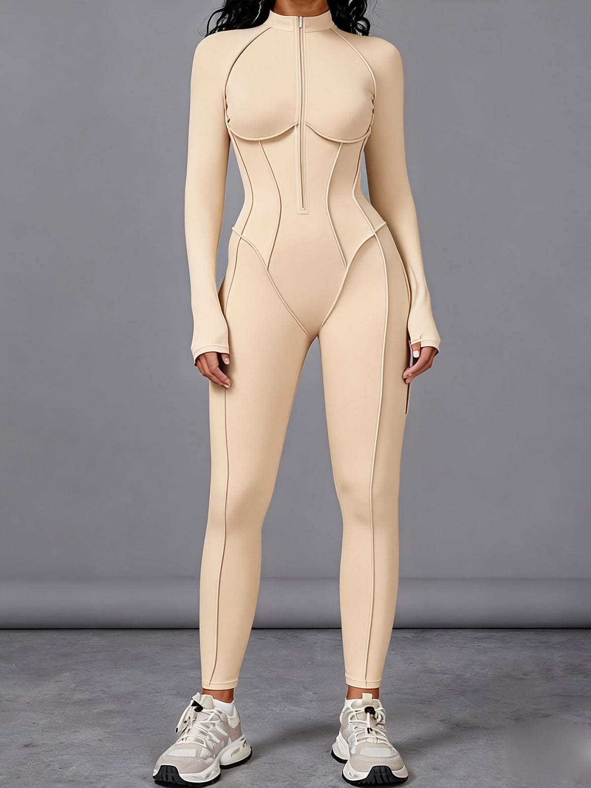 Half Zip Long Sleeve Jumpsuit - Oatmeal Apricot